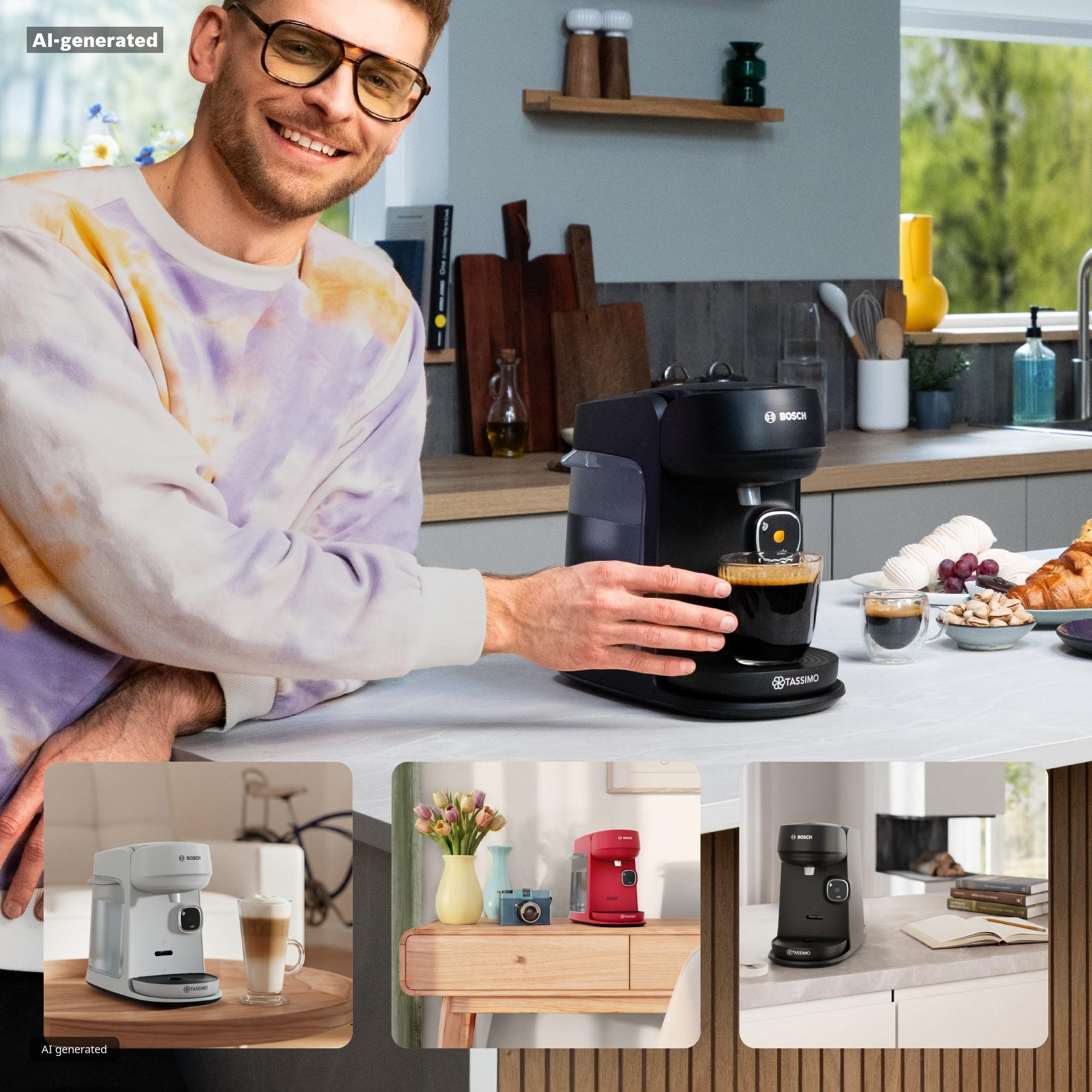 Mann in bunter Kleidung zeigt auf eine schwarze Bosch Tassimo Kaffeemaschine in einer modernen Küche.