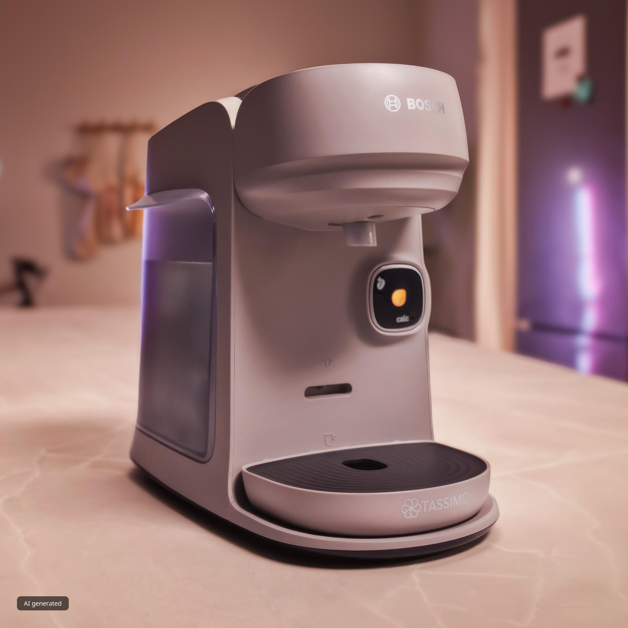 Eine graue Bosch Tassimo Kaffeemaschine steht auf einer Küchentheke vor einem verschwommenen Hintergrund.