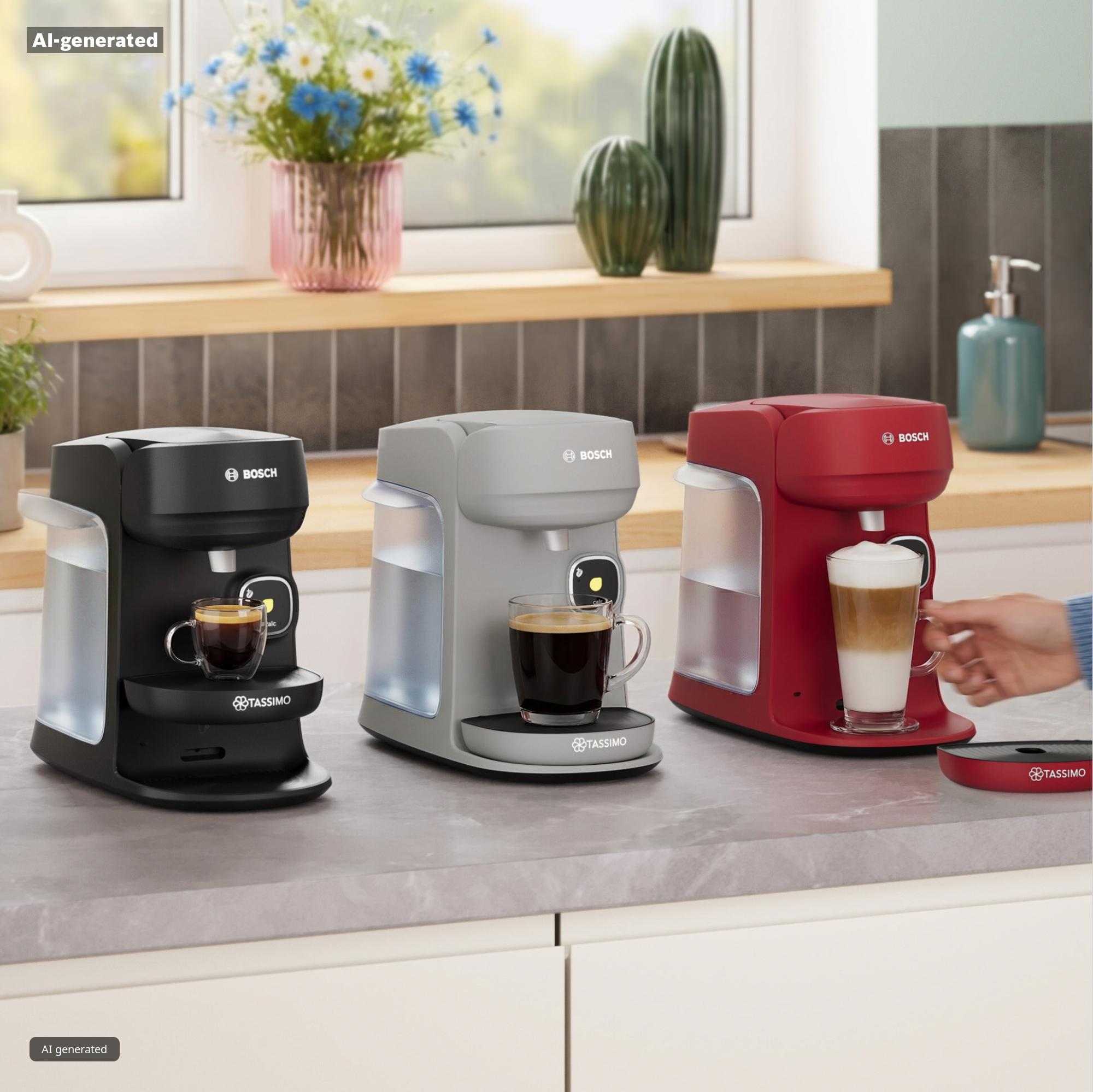 Drei Bosch Tassimo Kaffeemaschinen in Schwarz, Grau und Rot auf einer Arbeitsplatte in einer Küche.