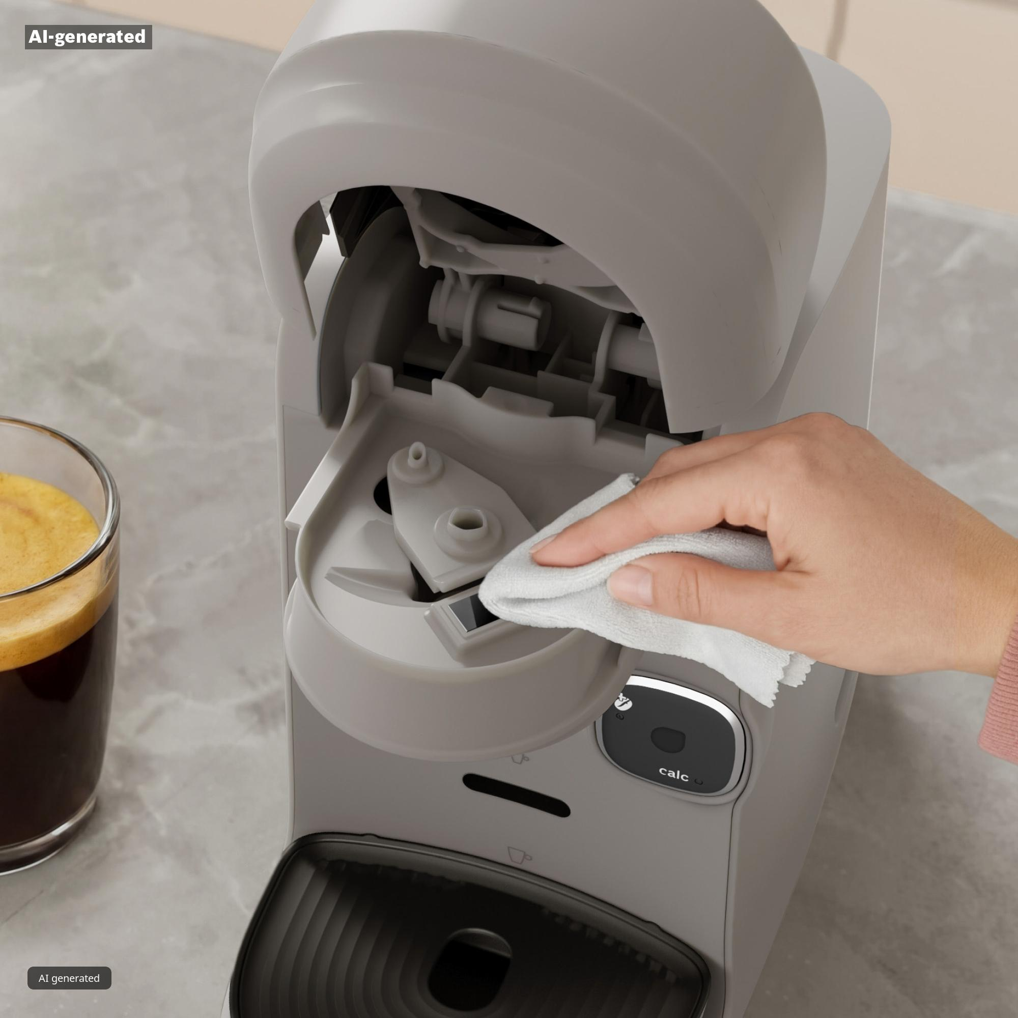 Eine Hand wischt mit einem weißen Tuch das geöffnete Innere einer grauen Kaffeemaschine auf einer Küchentheke ab.