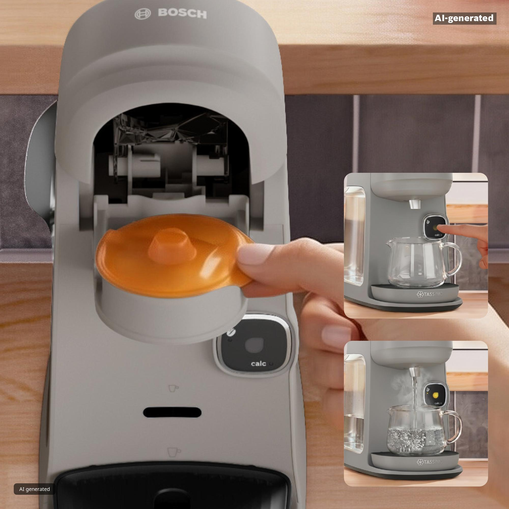 Hand legt orangefarbene Kapsel in graue Bosch-Tassimo-Maschine; Insets zeigen Bedienung.