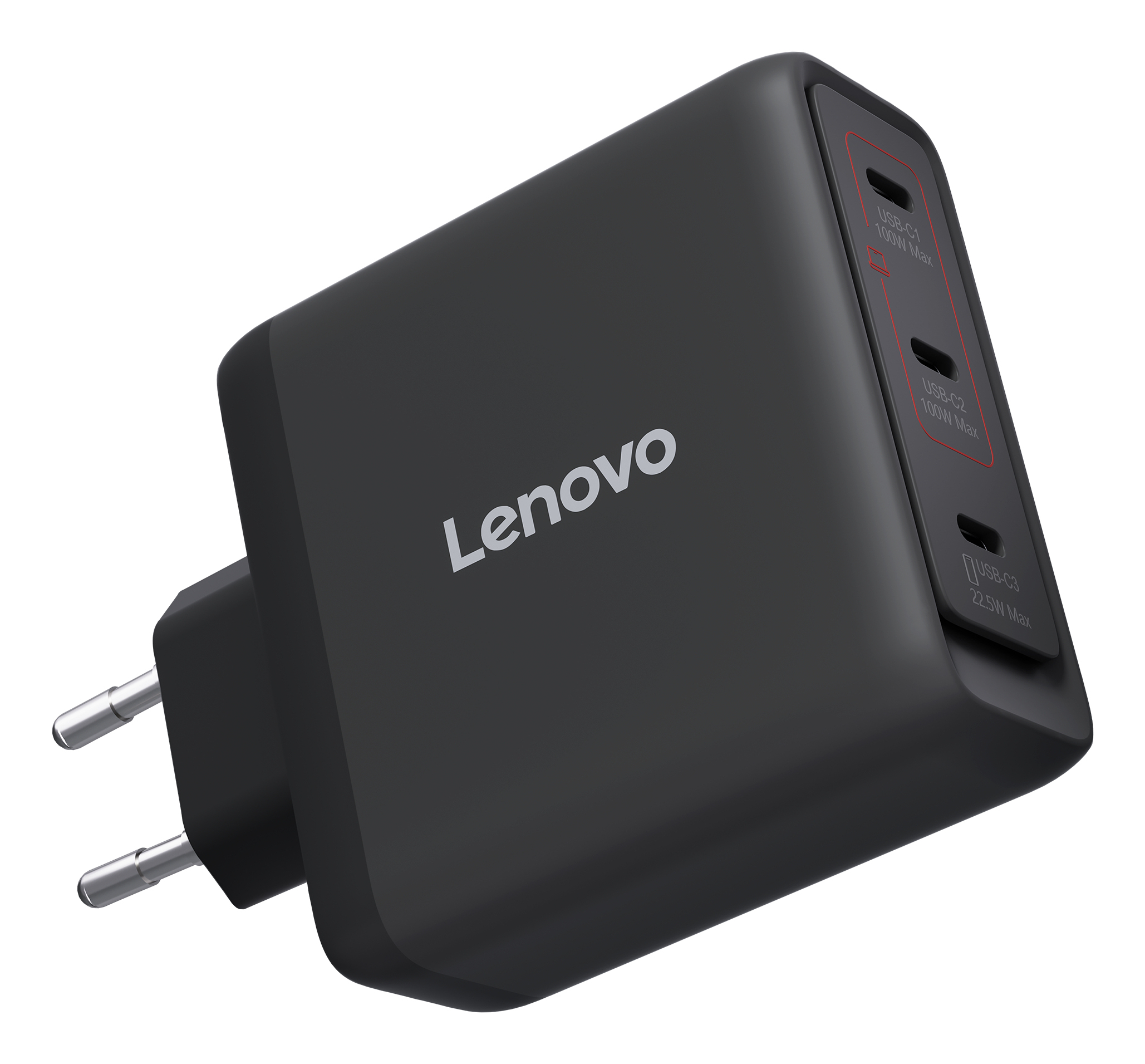 Schwarzes Lenovo-Netzteil mit drei USB-C-Anschlüssen und EU-Stecker.