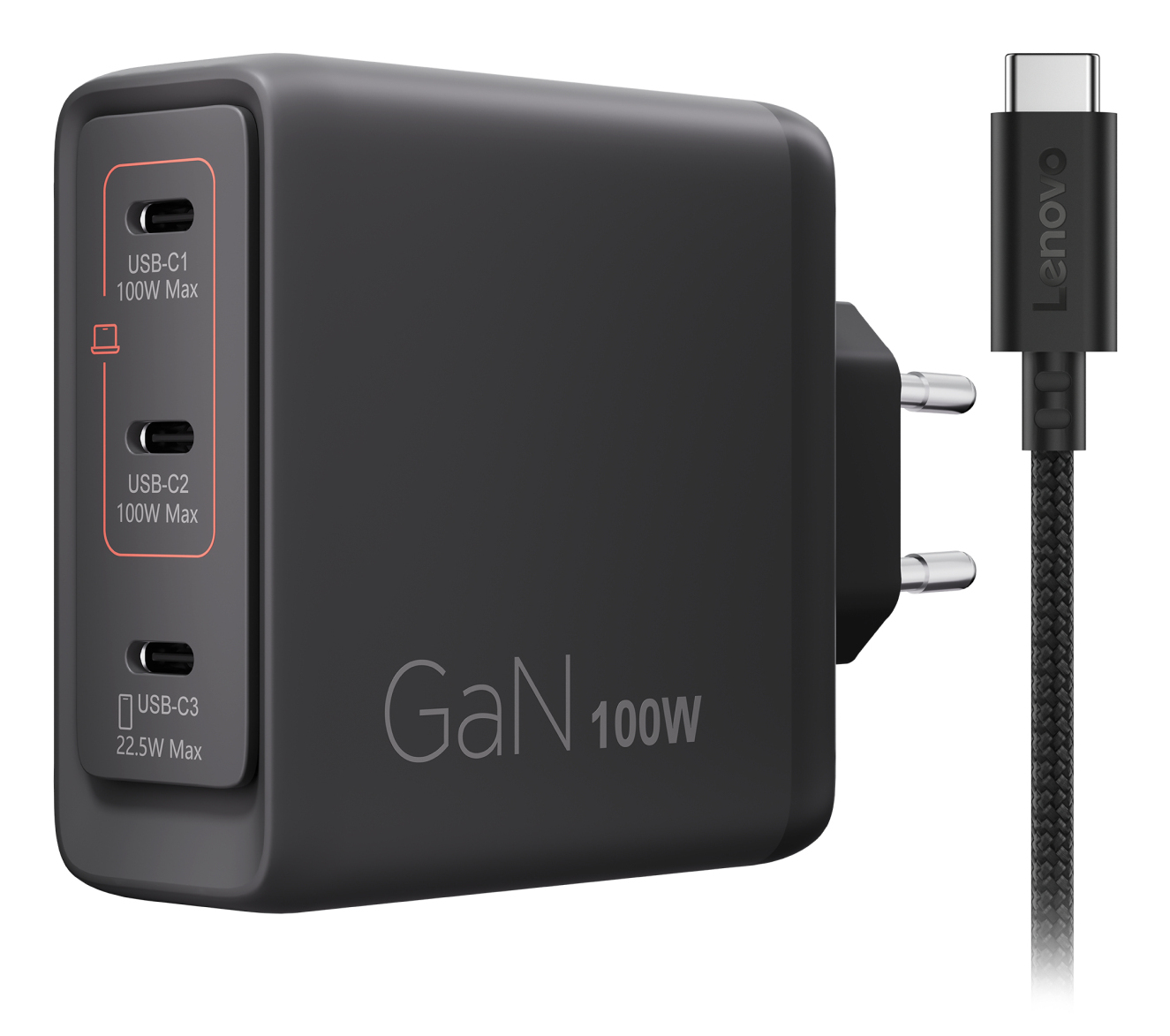Ein schwarzes 100W GaN-Wandladegerät mit drei USB-Anschlüssen und einem geflochtenen USB-C-Kabel daneben.