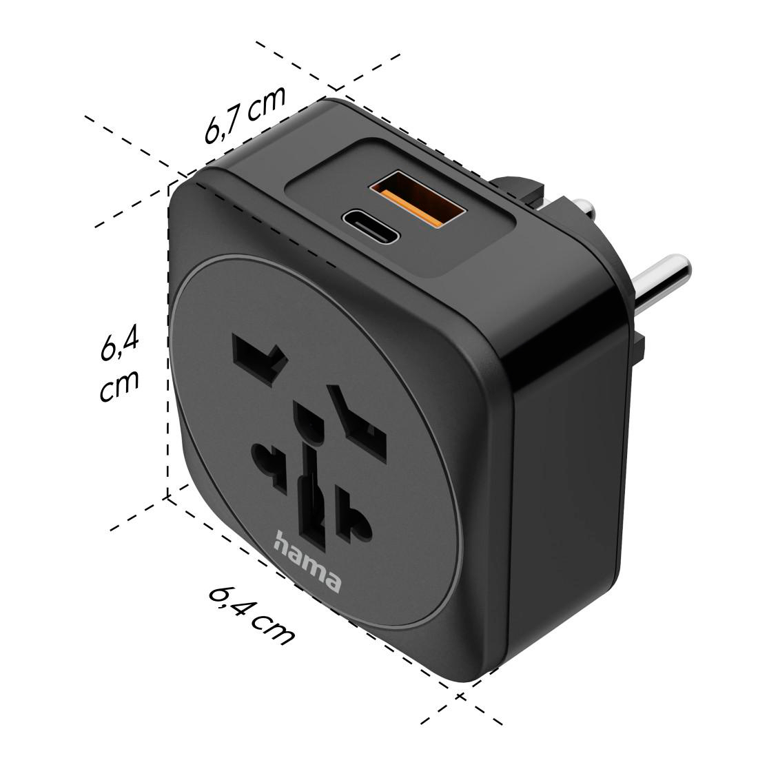 Schwarzer Universal-Reiseadapter mit Maßen von 6,4 x 6,4 x 6,7 cm, USB-Anschlüssen und Hama-Logo auf weißem Grund.