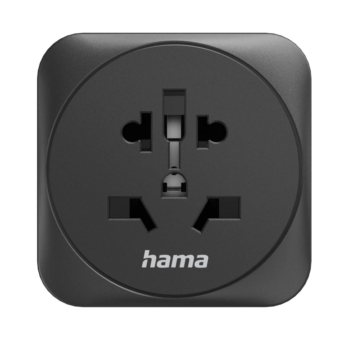 Eine schwarze Hama Universal-Reiseadaptersteckdose mit mehreren Stecker Konfigurationen und zentriertem Logo.