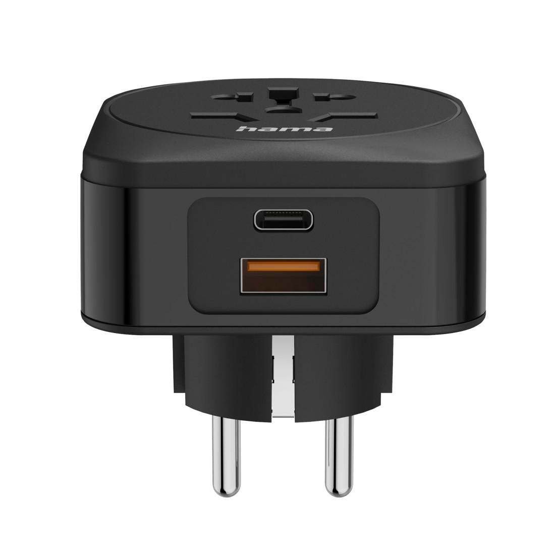 Ein schwarzer Reiseadapter mit USB-C- und USB-A-Anschlüssen vorne und EU-Steckerstiften unten.