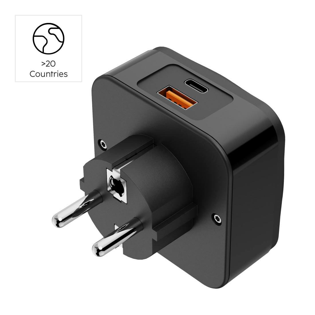 Schwarzer Universal-Reiseadapter mit zwei USB-Anschlüssen und EU-Stecker.