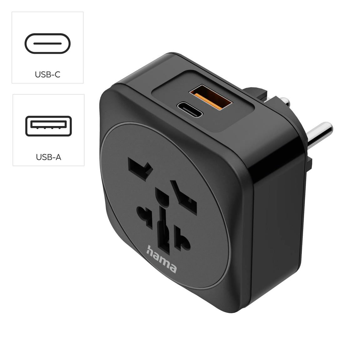 Schwarzer Universal-Reiseadapter mit Steckdosen und USB-C- und USB-A-Anschlüssen.