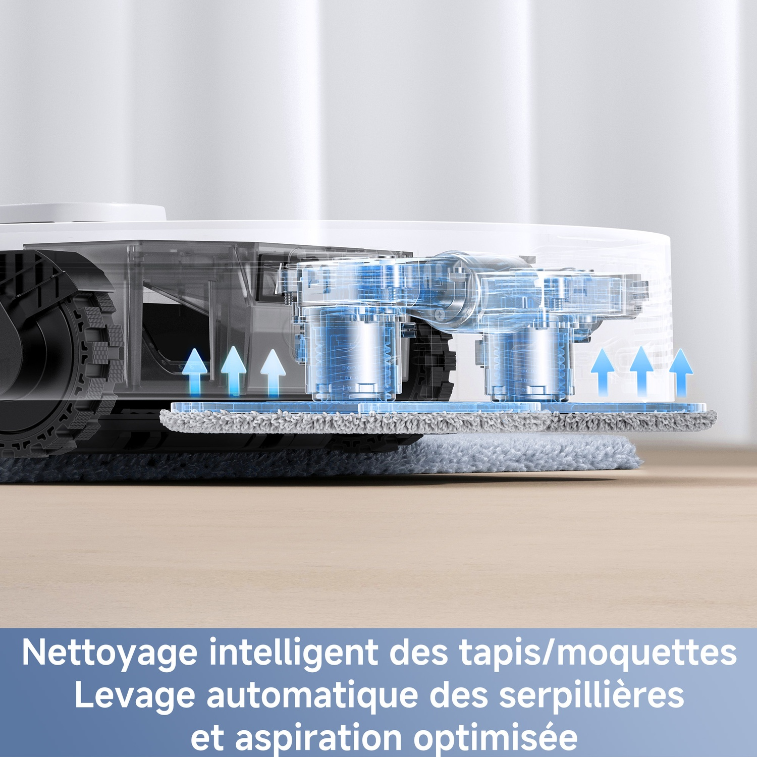 Vue en coupe d'un robot aspirateur avec serpillières à levage automatique.