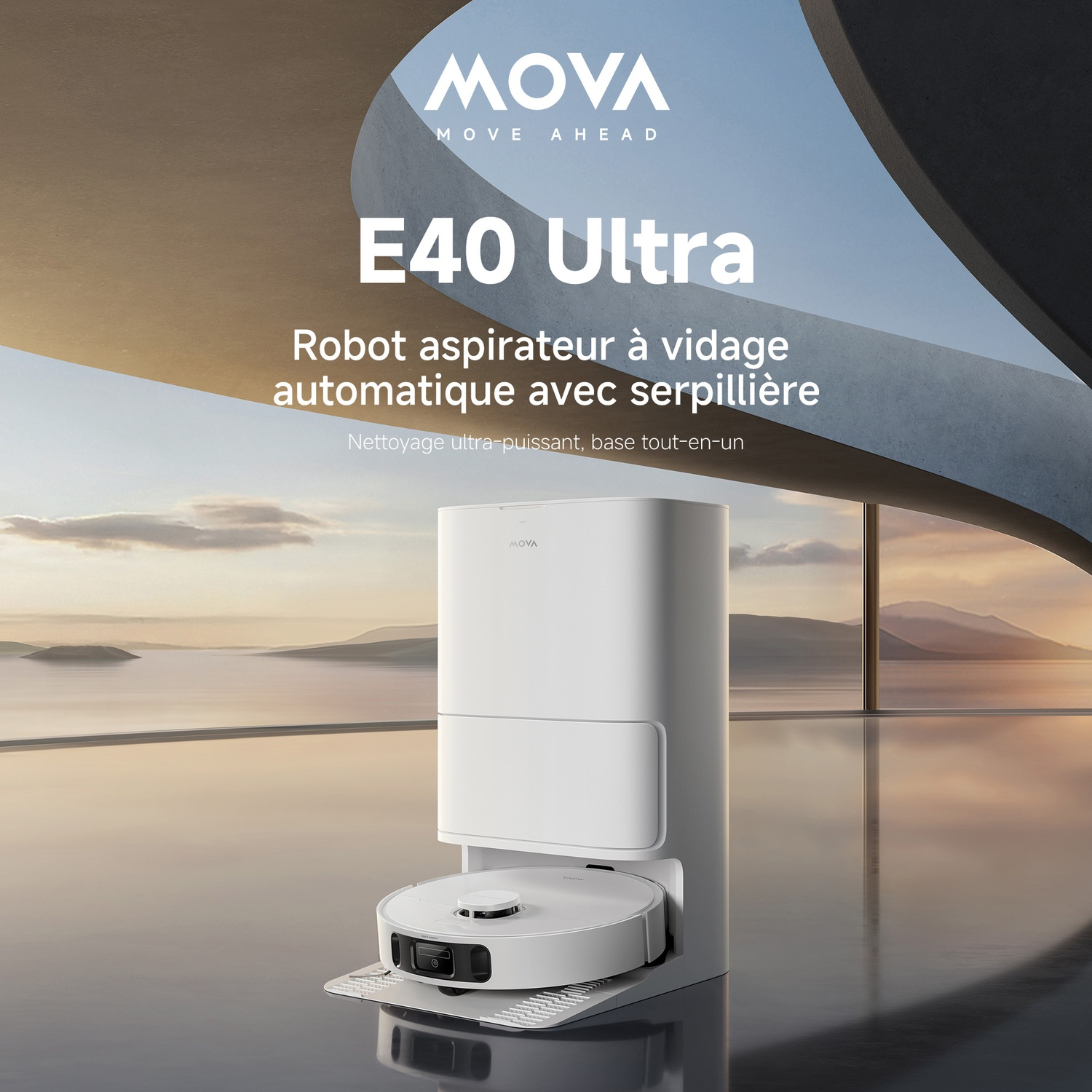 Robot aspirateur MOVA E40 Ultra avec station devant une fenêtre moderne surplombant la mer au coucher du soleil.
