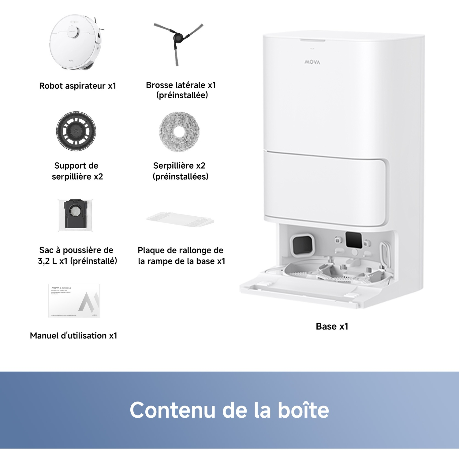 Contenu de la boîte avec robot aspirateur Mova, base de charge, brosse latérale, serpillères, sac, extension et manuel.