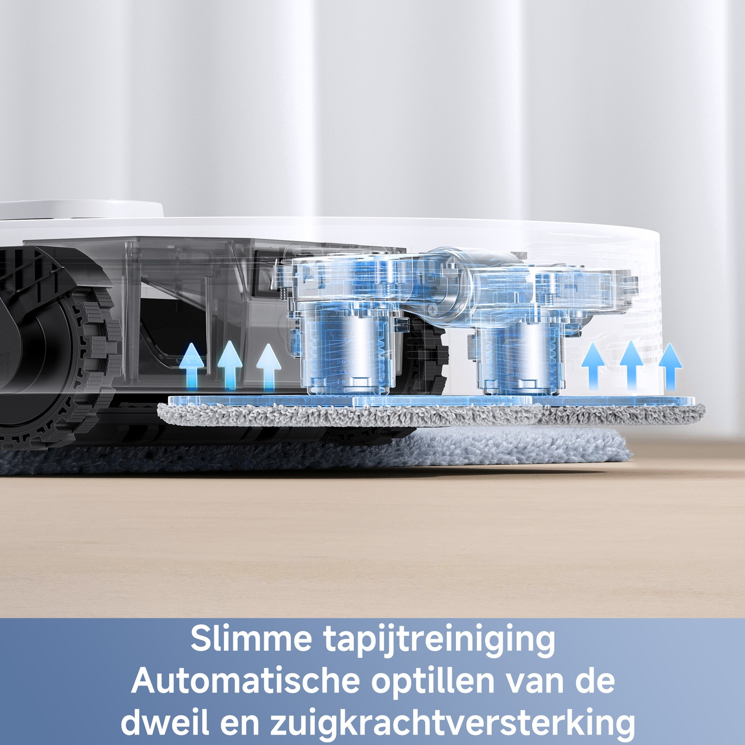 Close-up van het dweiloptilmechanisme van een robotstofzuiger met blauwe pijlen en Nederlandse tekst onderaan.