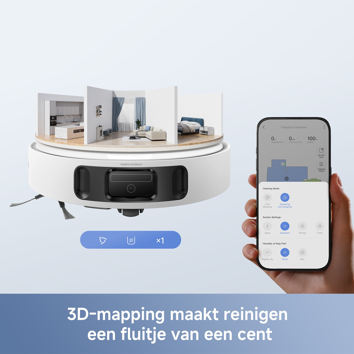 Witte robotstofzuiger met 3D-huisplattegrond en smartphone met bedieningsapp.