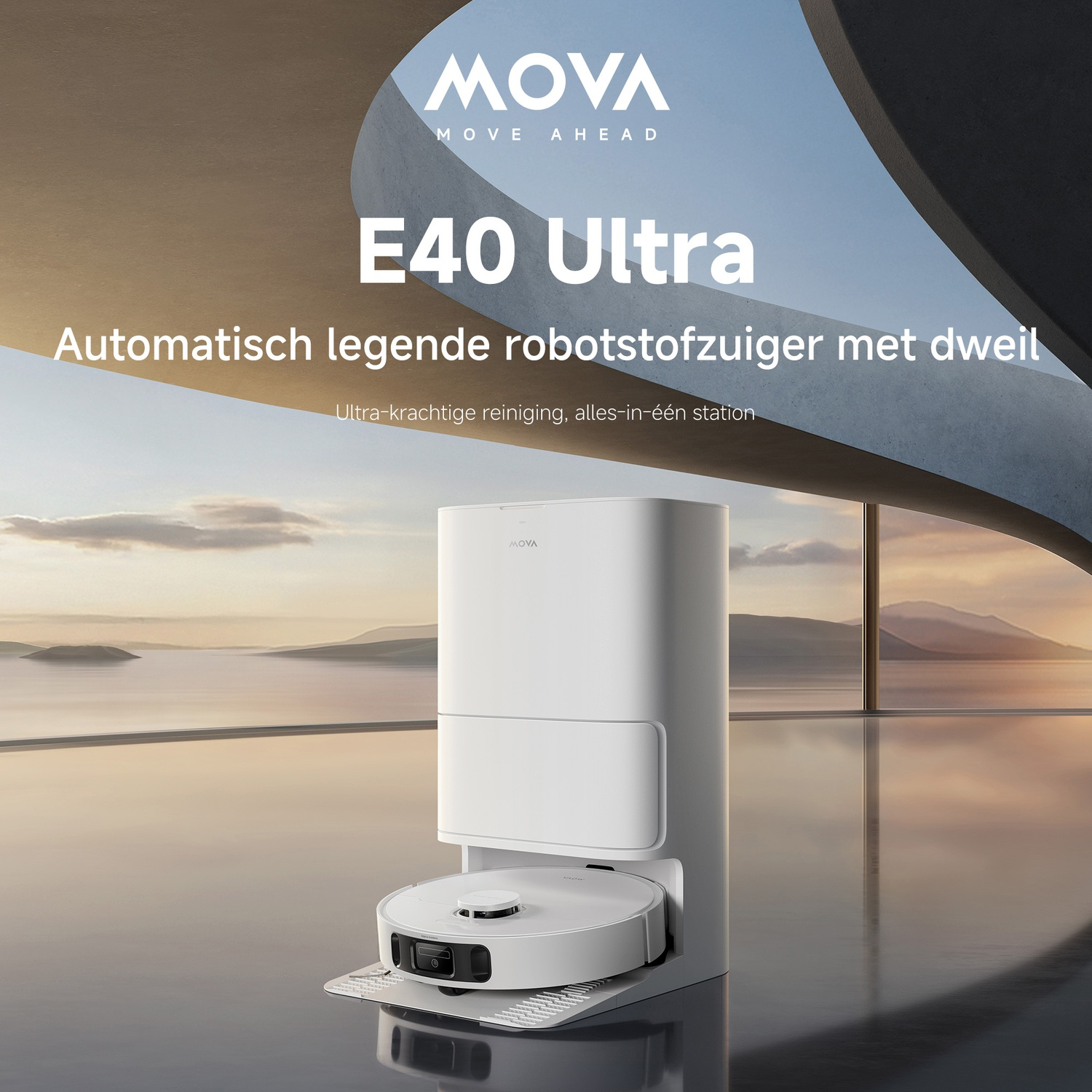 Witte Mova E40 Ultra robotstofzuiger met station voor een groot raam.
