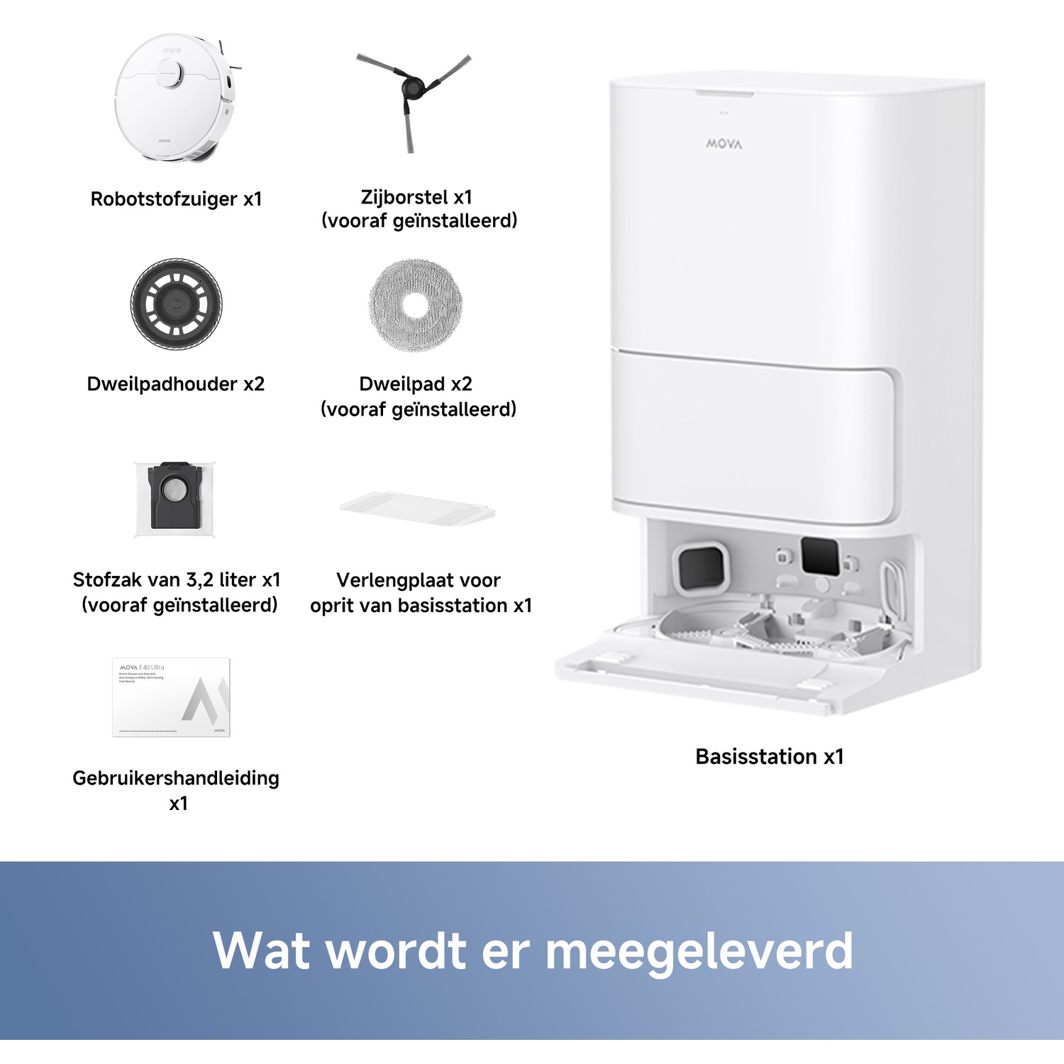 Witte robotstofzuiger met basisstation en accessoires op een witte achtergrond.