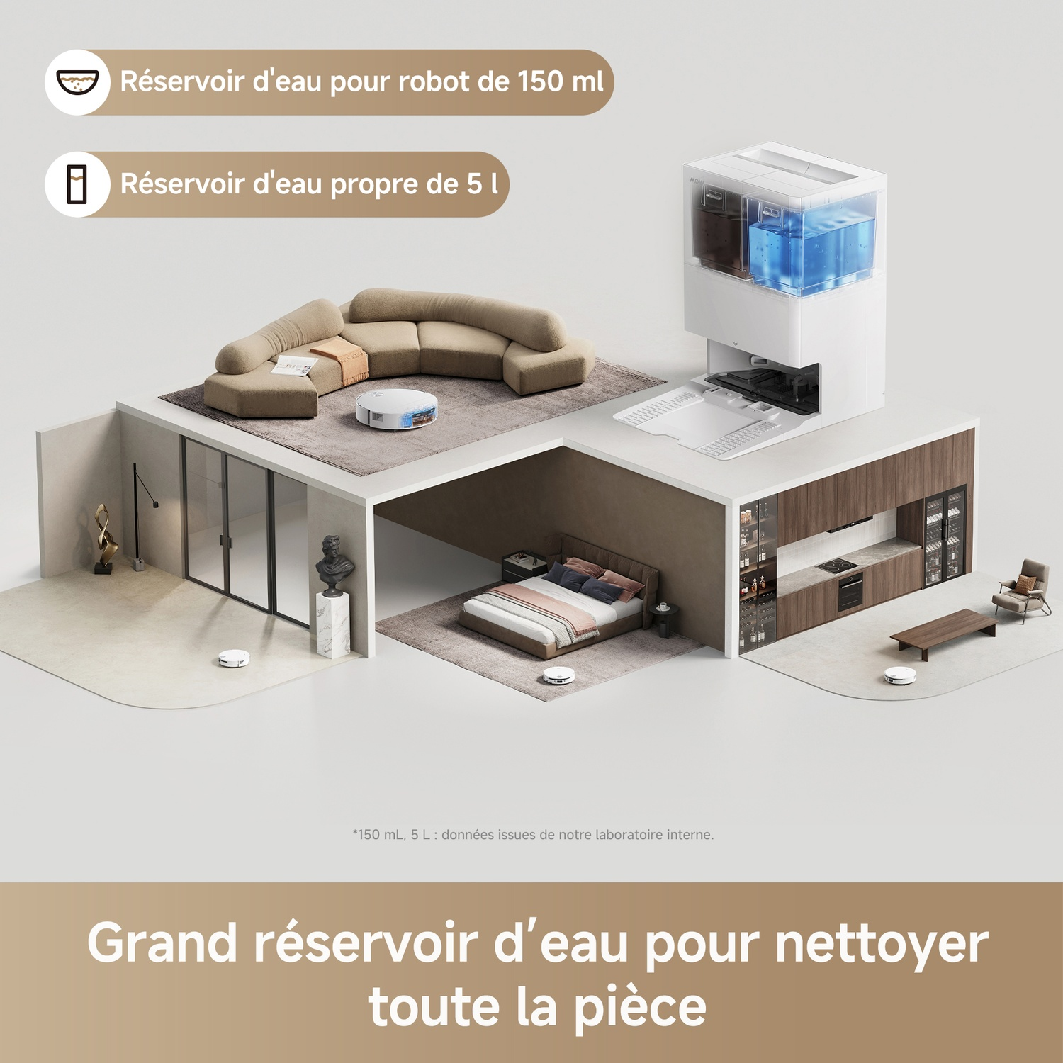 Vue 3D d'une maison avec aspirateur robot et réservoir d'eau.