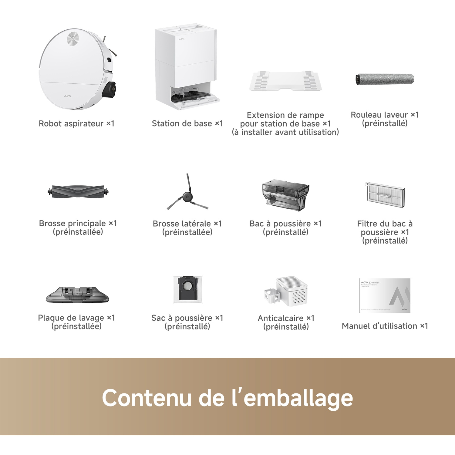 Contenu de l'emballage avec robot aspirateur, station, brosses, filtres, accessoires et manuel sur fond blanc.