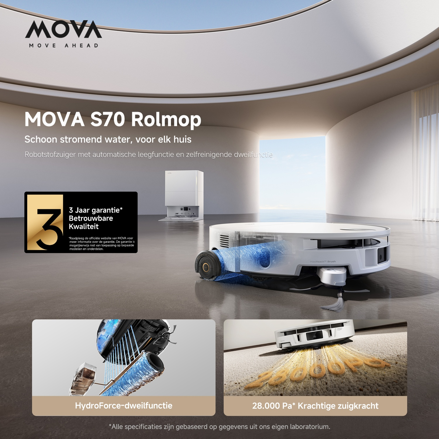MOVA S70 Rolmop robot vacuum in a modern room with water and suction power graphics.