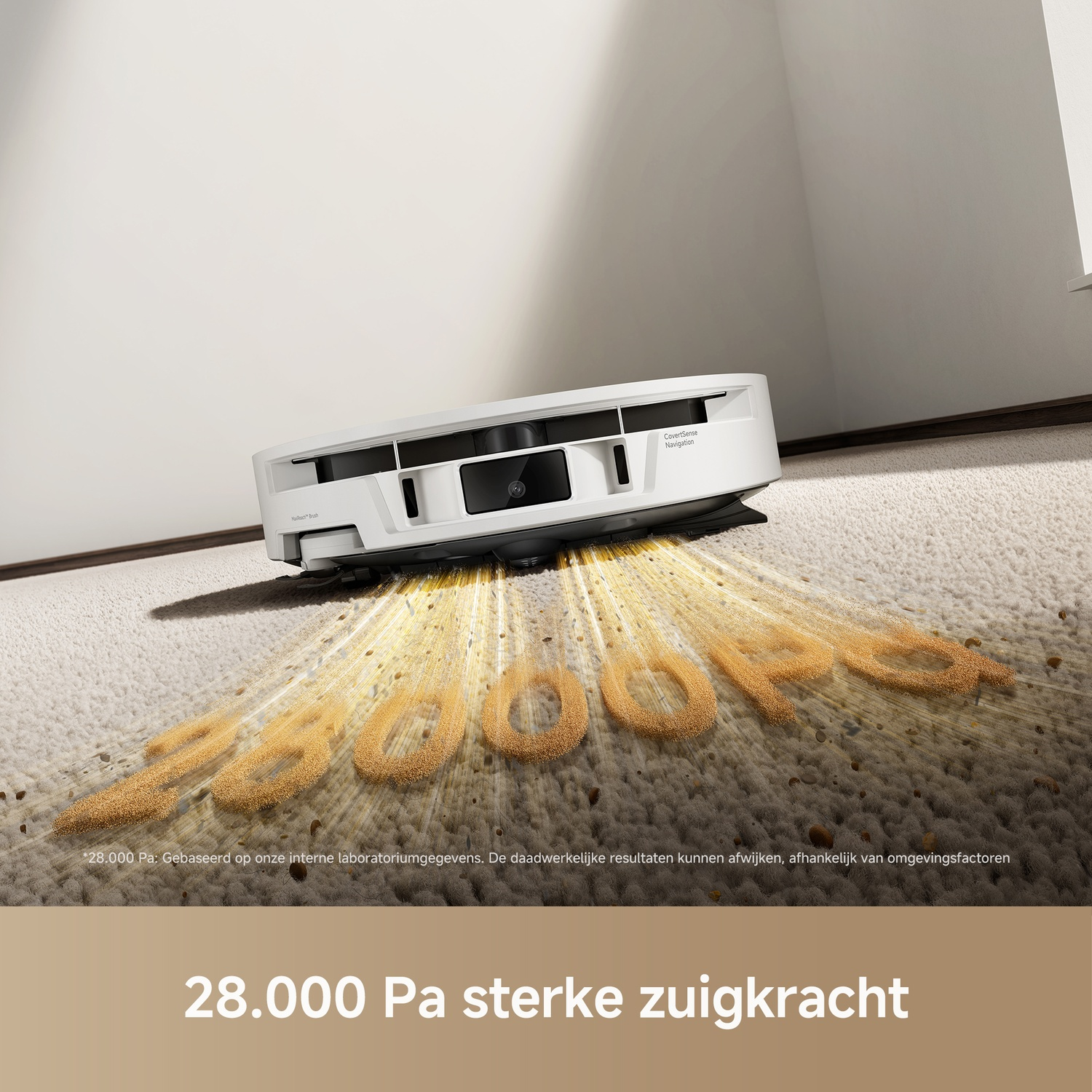 A white robot vacuum cleans fine dirt from a carpet, with suction power text below.