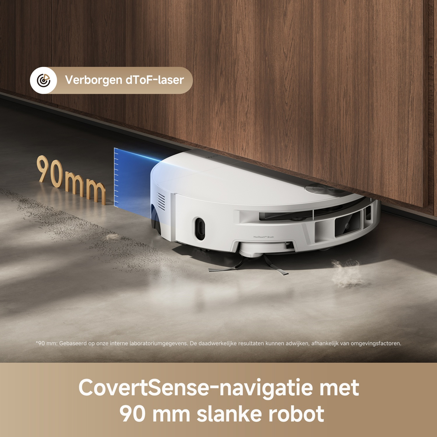 A white robot vacuum cleaner cleans under a low wooden cabinet.