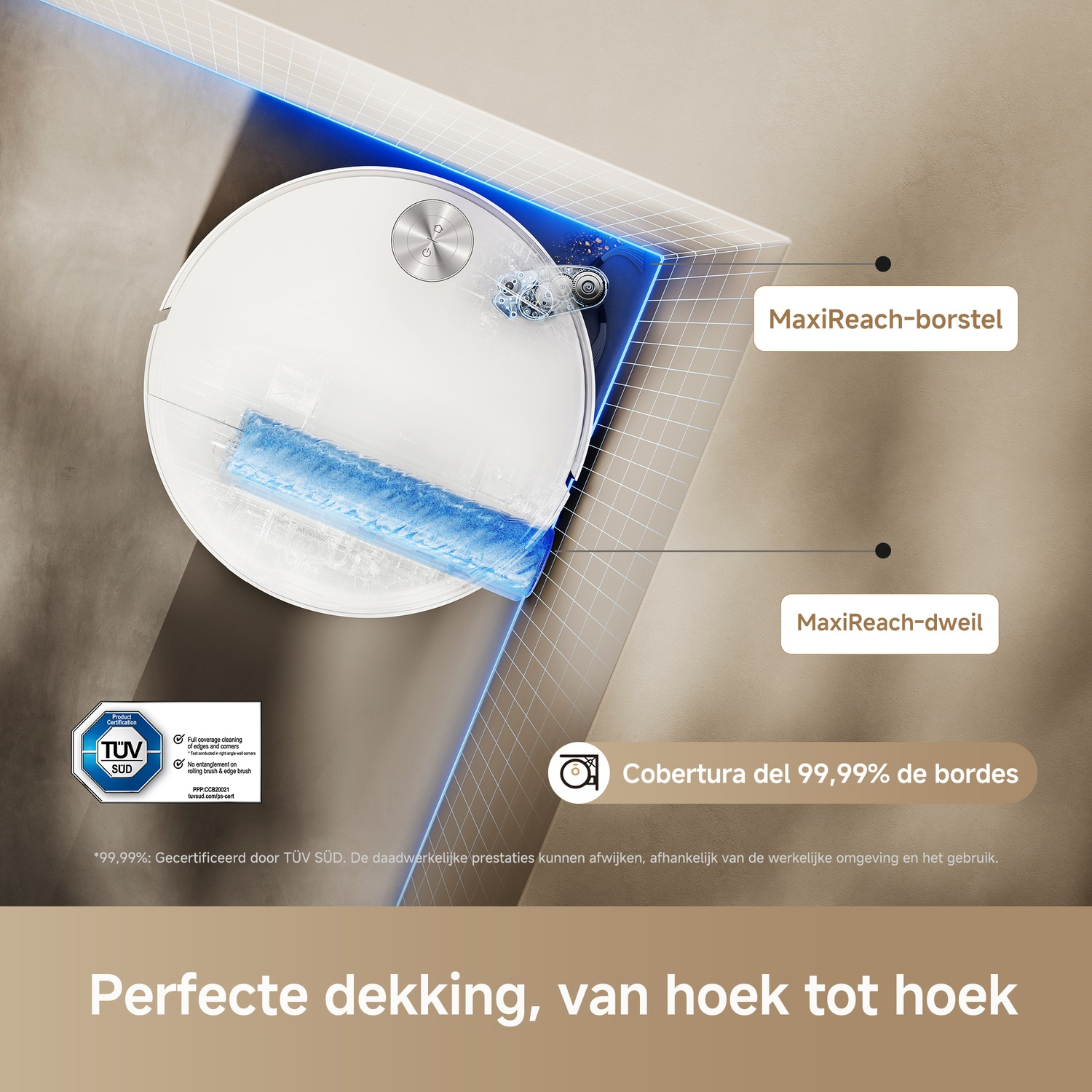 Diagram of a white robotic vacuum with a blue mop roller in a room corner, cleaning edges.