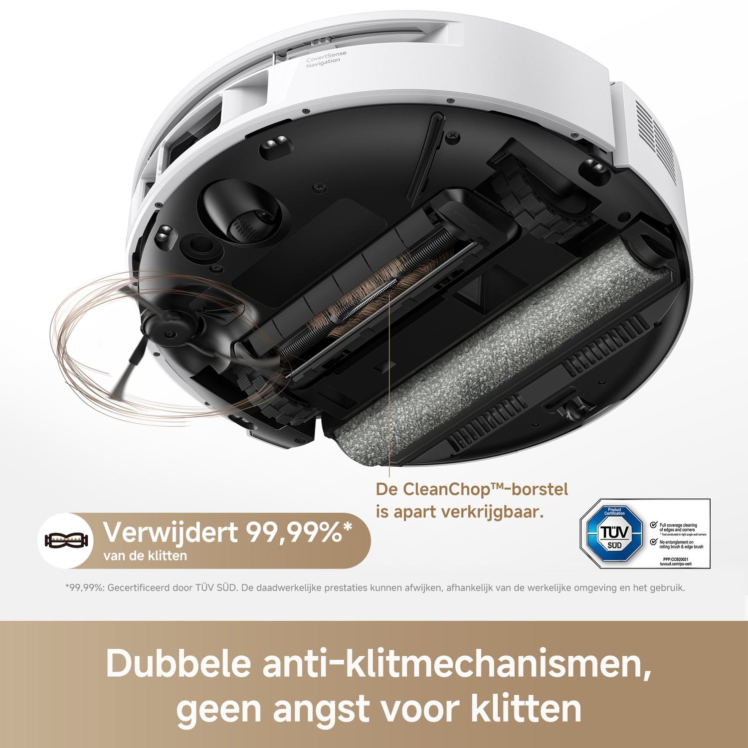 Underside of a white robotic vacuum showing rotating side brush, main roller, and descriptive text overlays.
