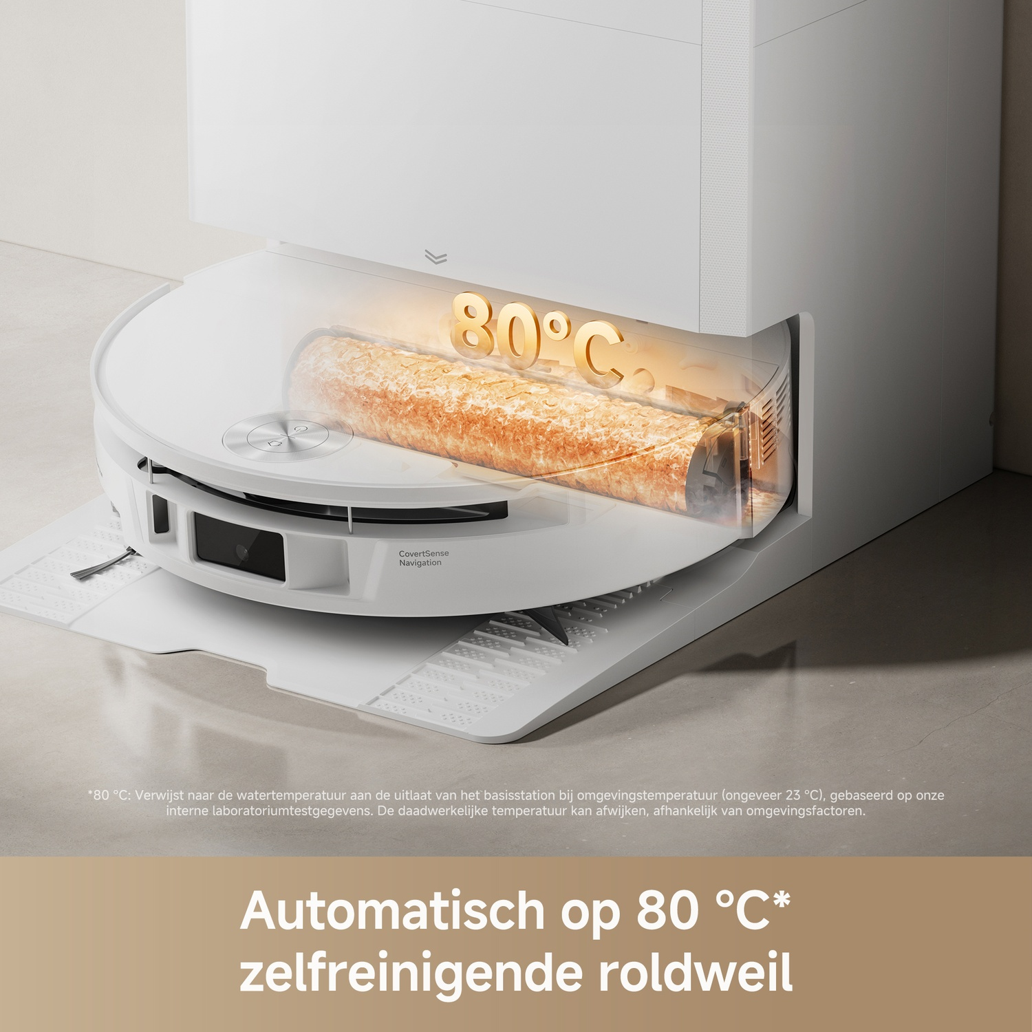 A white robot vacuum in its charging dock, showing a cutout graphic of a roller brush washing at 80 degrees Celsius.