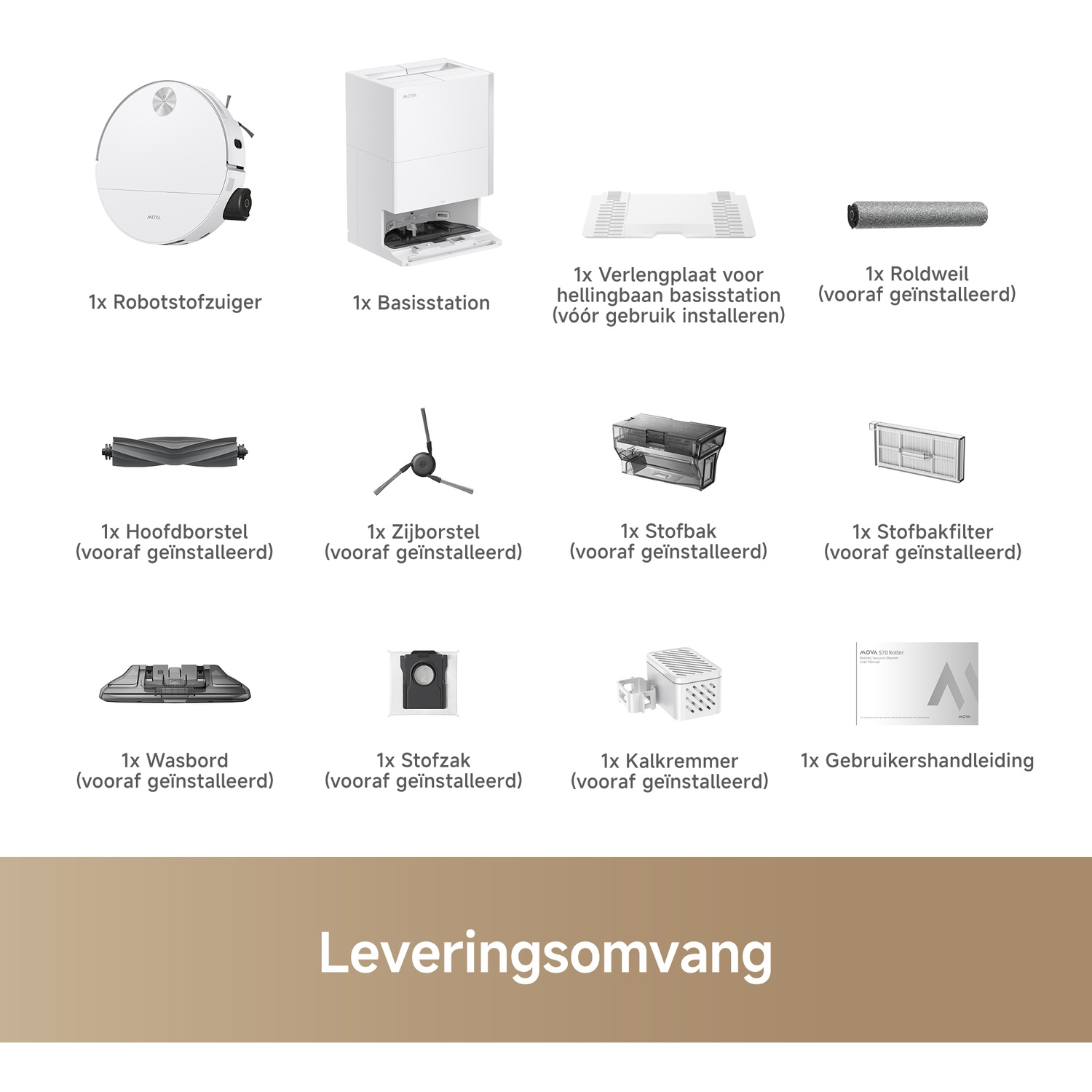 Scope of delivery for a robot vacuum with base station, brushes, filters, accessories, and user manual.