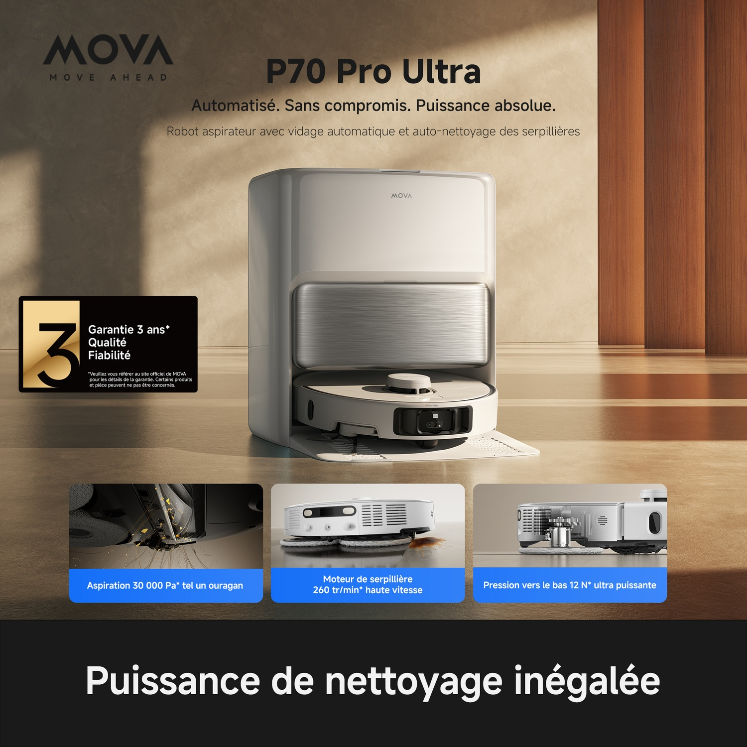 MOVA P70 Pro Ultra - Aspirateur robot - Avec Fonction serpillère - 700 W - Blanc