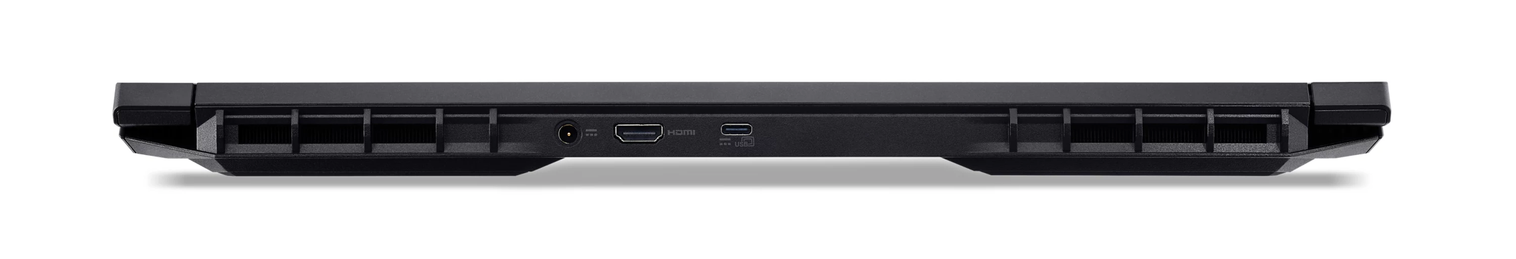 Rückseite eines schwarzen Laptops mit Lüftungsschlitzen, Stromanschluss, HDMI-Port und USB-C-Anschluss.