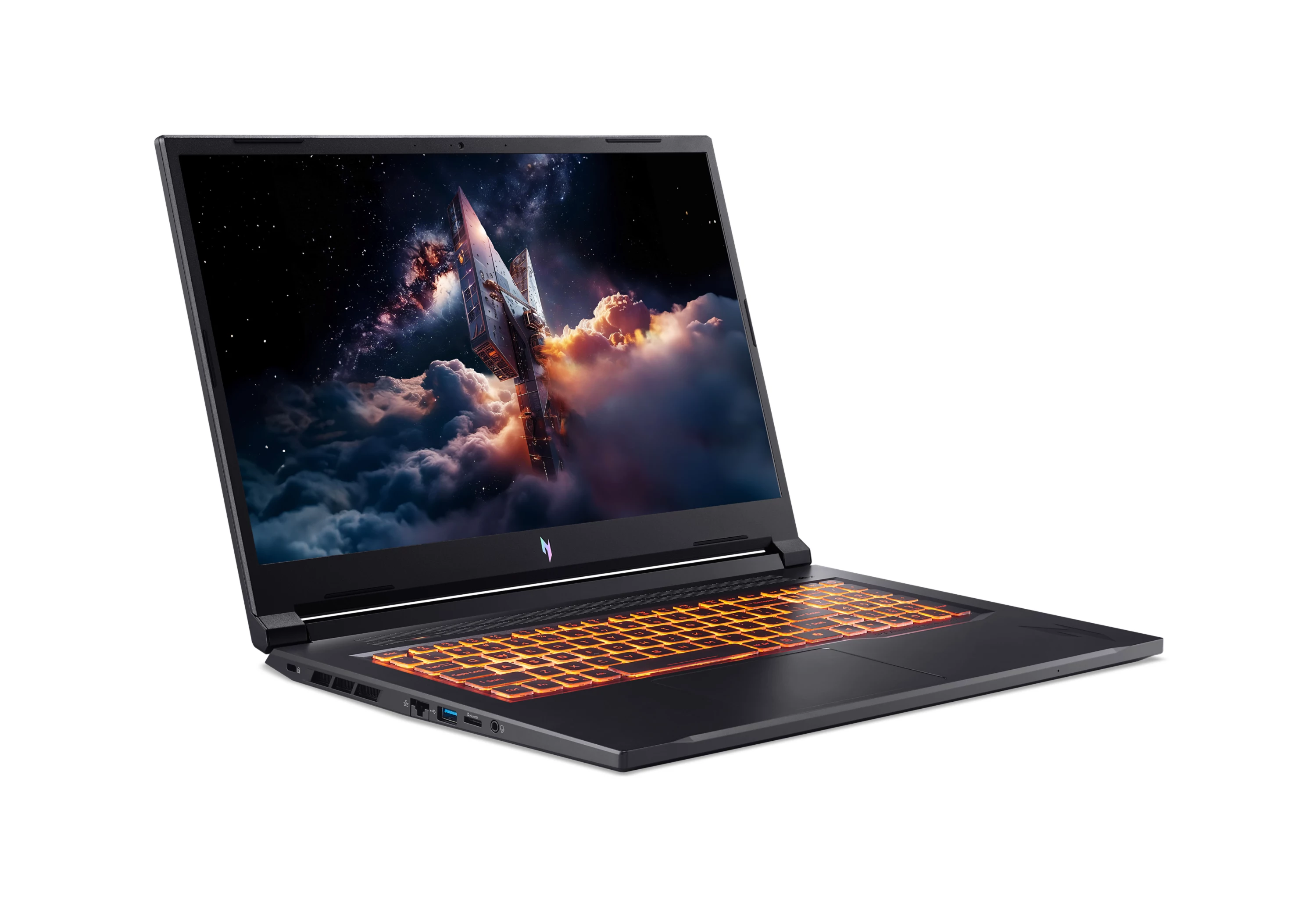 Ein schwarzer Gaming-Laptop mit leuchtend orangen Tasten und einer Raumschiff-Szene auf dem Bildschirm.