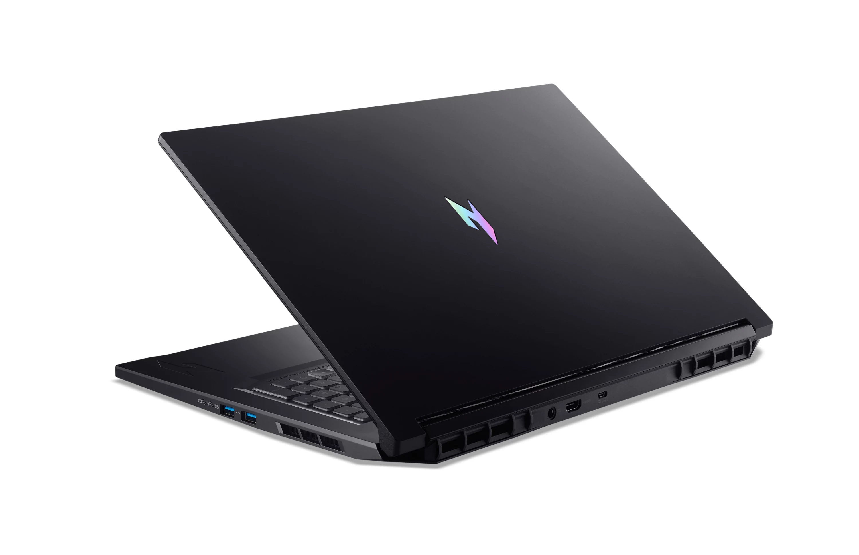Ein schwarzer Laptop mit offenem Deckel und einem bunten Logo steht auf weißem Grund.