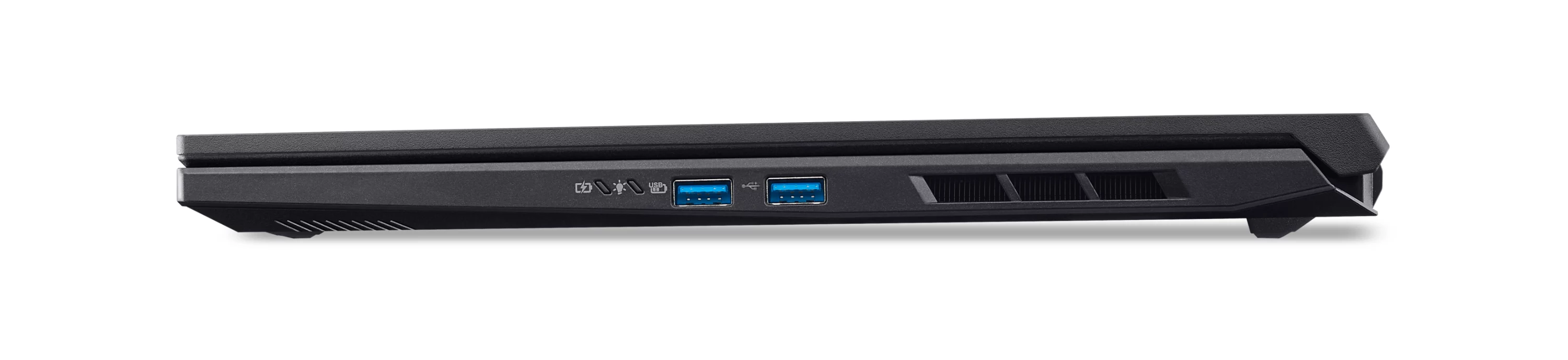 Seitenansicht eines schwarzen Laptops mit zwei blauen USB-Ports und Lüftungsschlitzen.