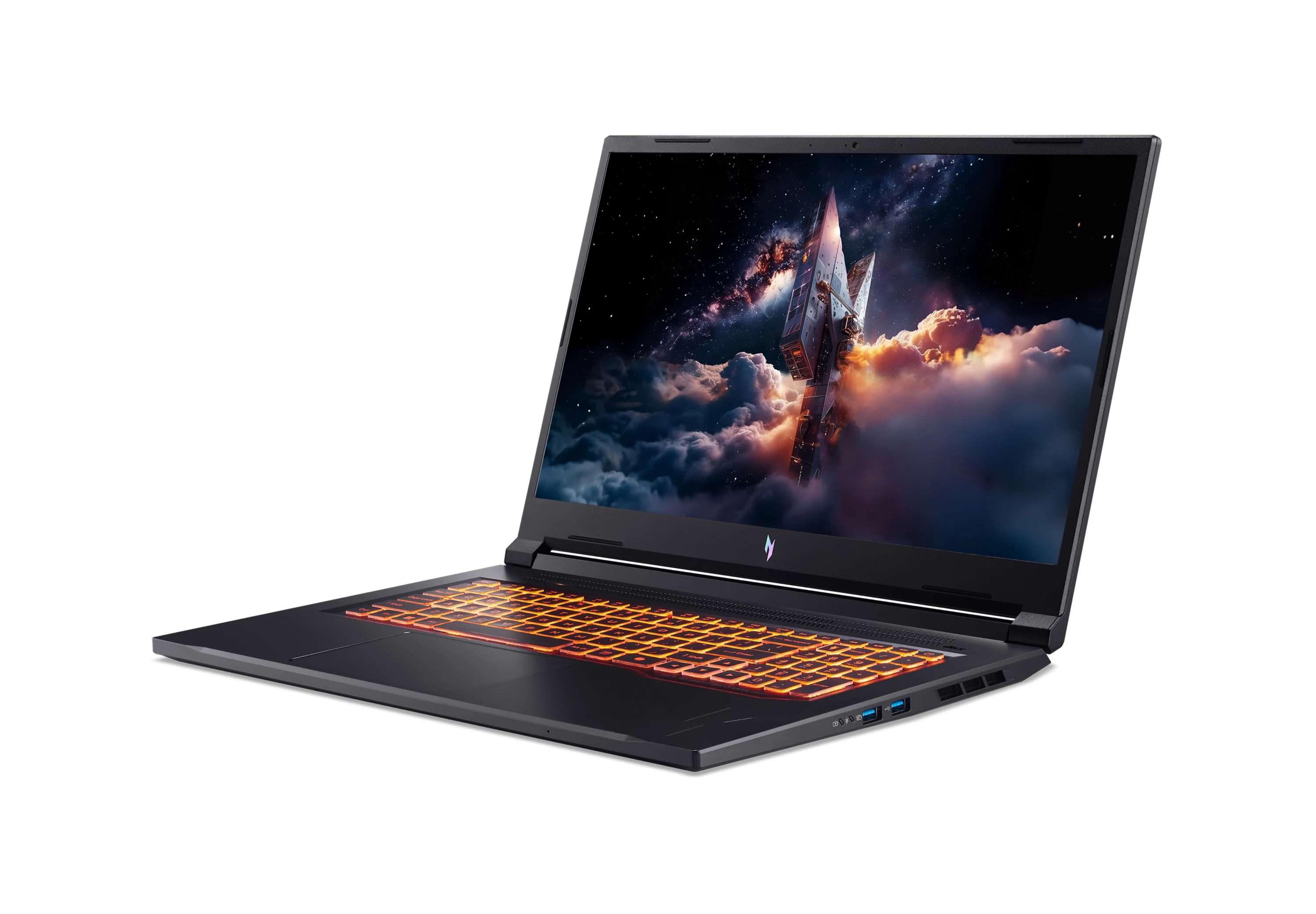 Ein schwarzer Gaming-Laptop mit orange leuchtender Tastatur und einem Weltraummotiv auf dem Bildschirm.