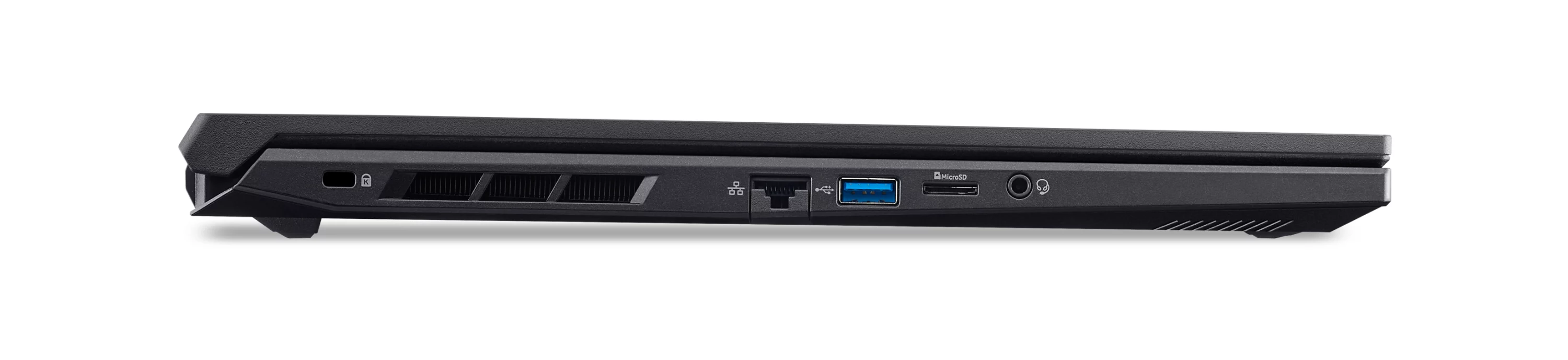 Seitenansicht eines schwarzen Laptops mit USB-, Ethernet- und Audio-Anschlüssen.