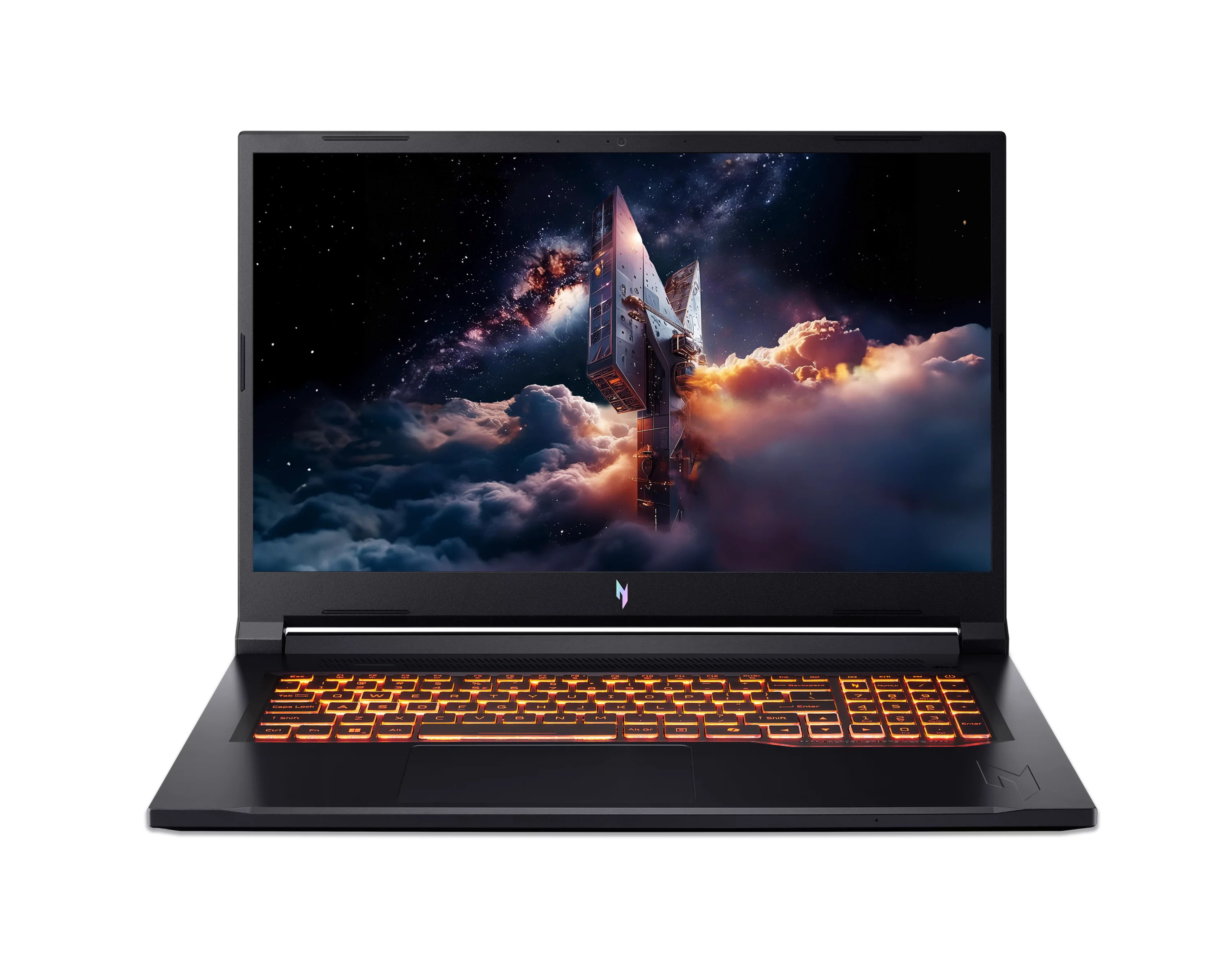Ein schwarzer Gaming-Laptop mit orange leuchtender Tastatur und einem Sci-Fi-Weltraum-Hintergrundbild.