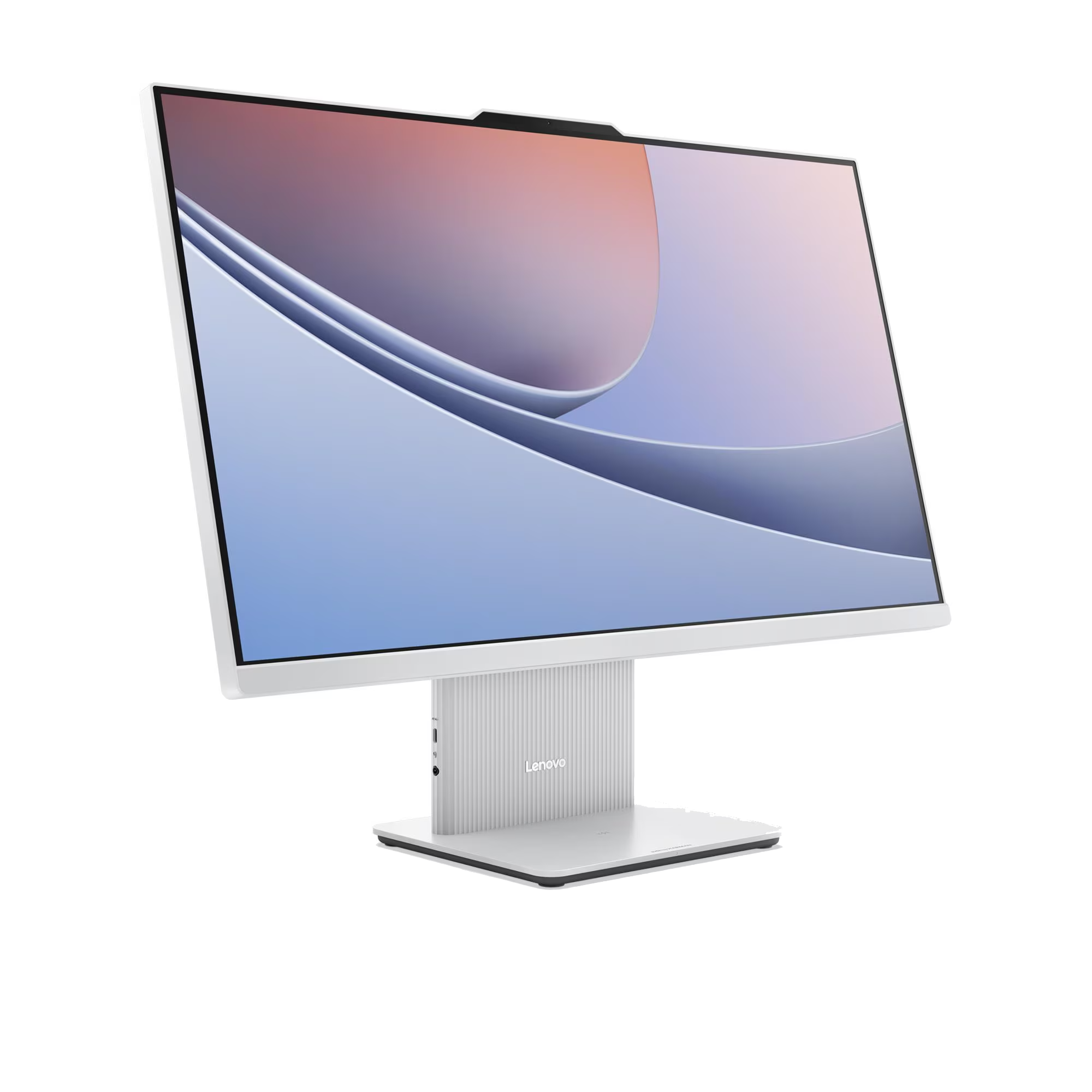 Un ordenador de sobremesa todo en uno Lenovo blanco con un fondo de pantalla abstracto en la pantalla.
