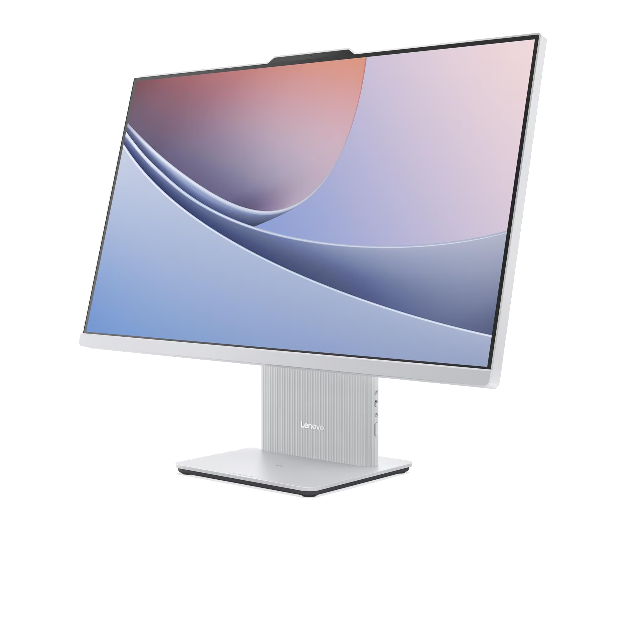 Una computadora todo en uno Lenovo blanca con un fondo abstracto ondulado elegante en su pantalla.