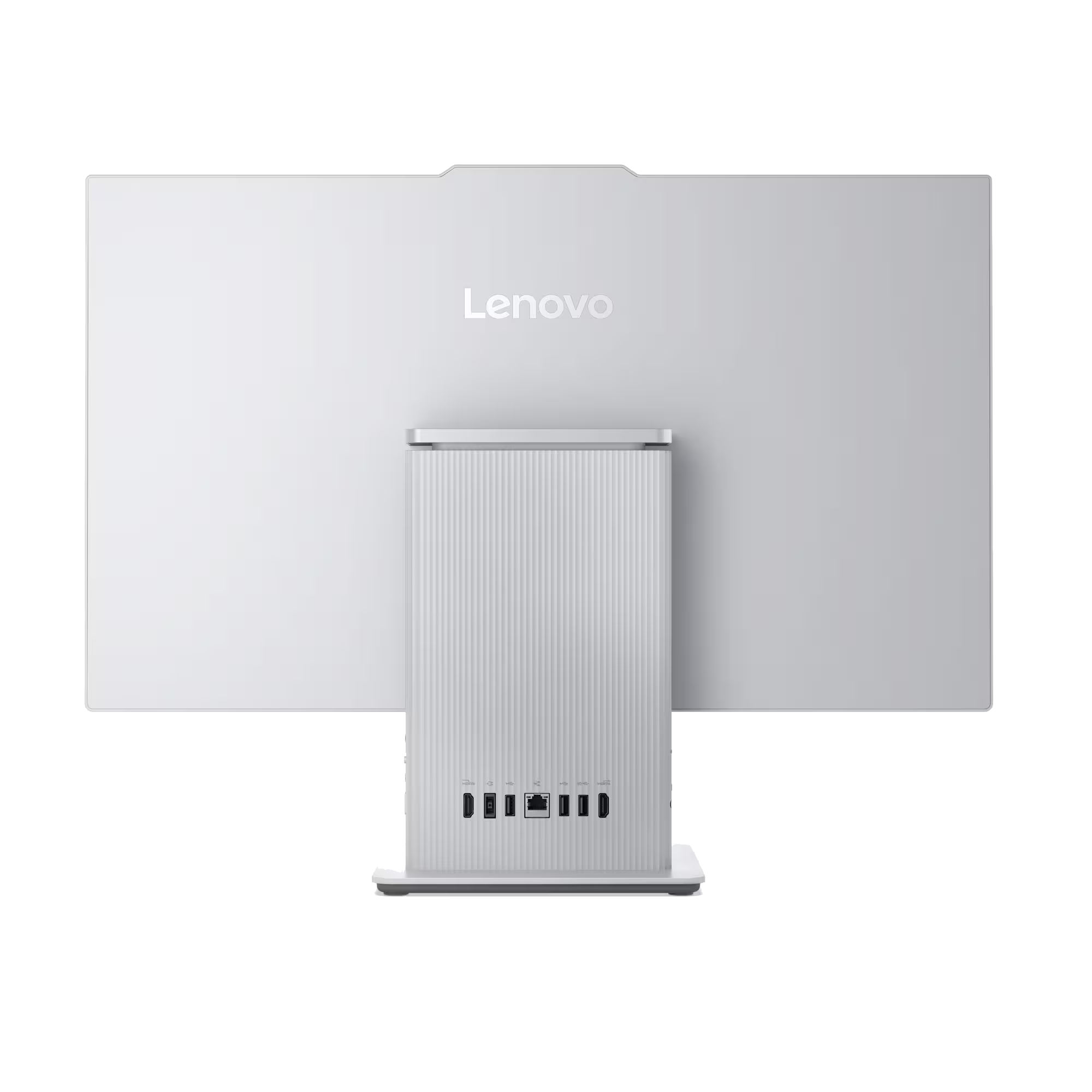 Parte trasera de un ordenador Lenovo blanco con soporte y puertos sobre fondo negro.