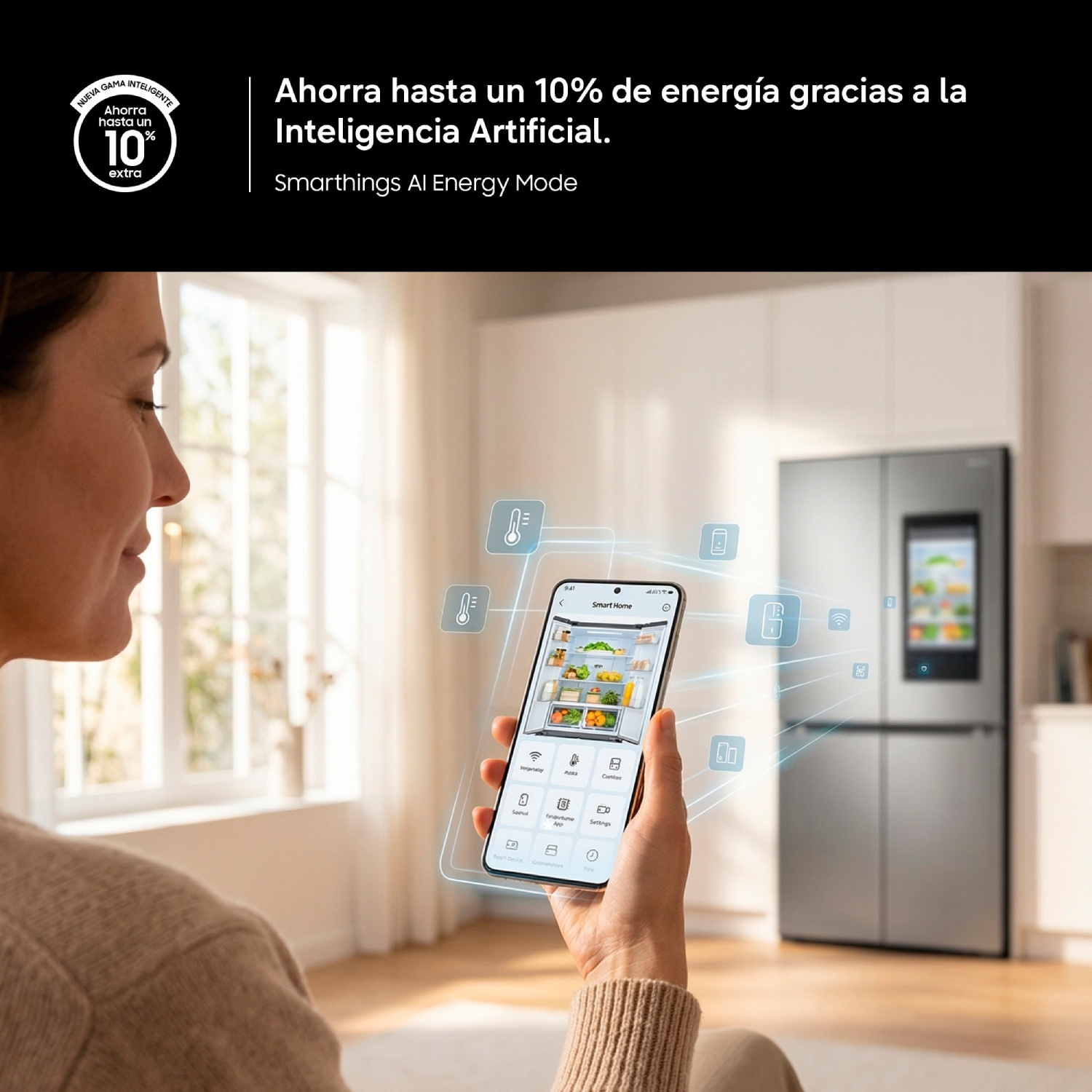 Mujer controla un refrigerador inteligente usando una aplicación de smartphone en una cocina moderna.