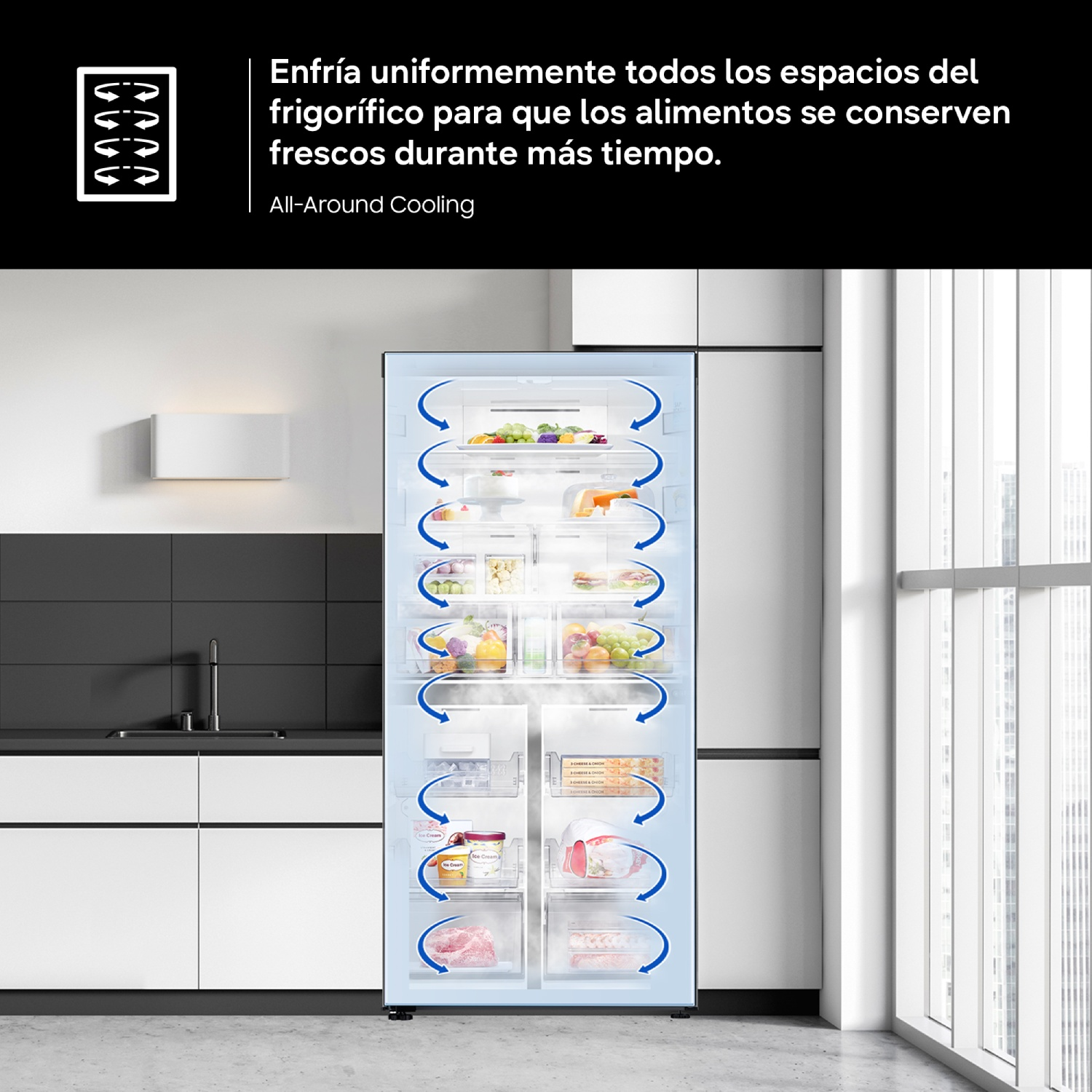 Una cocina moderna con un refrigerador abierto y flechas azules de circulación de aire para enfriamiento uniforme.