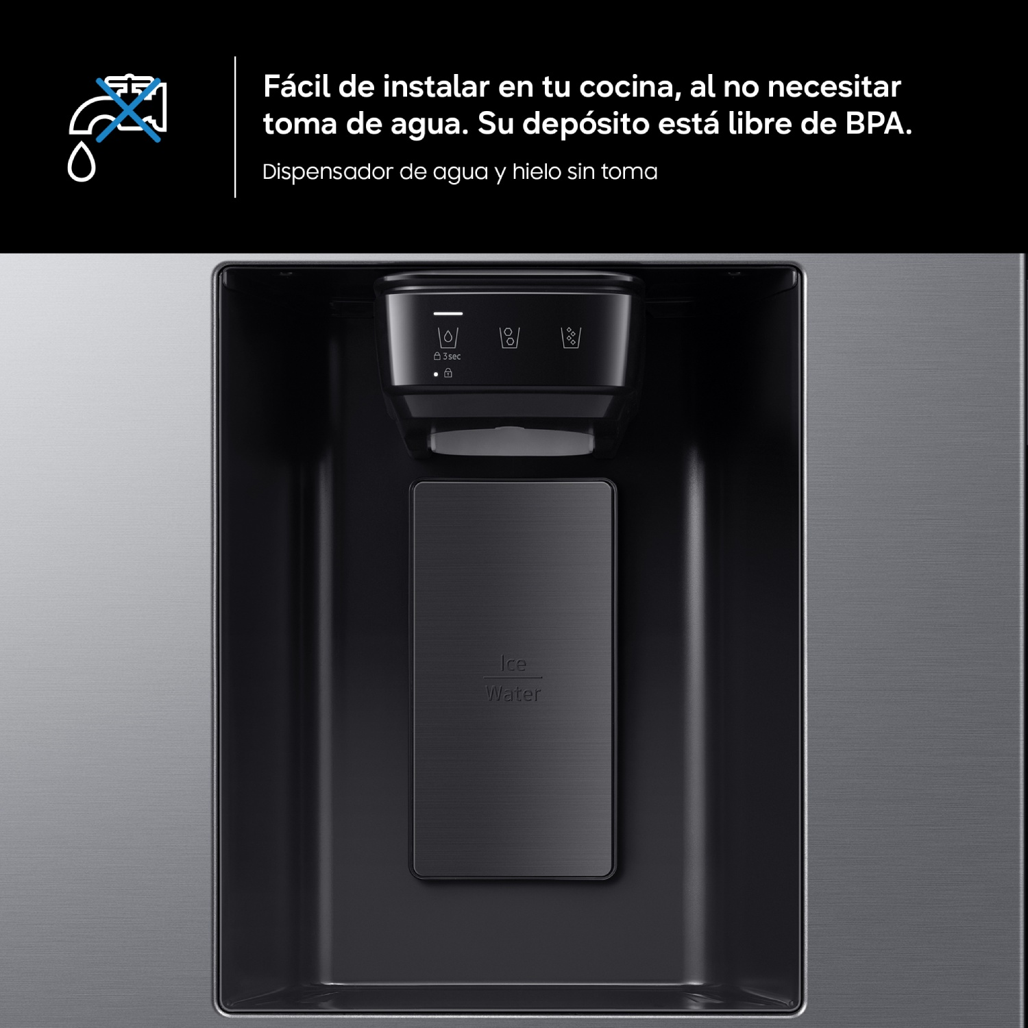 Dispensador de agua y hielo de acero inoxidable con panel digital.