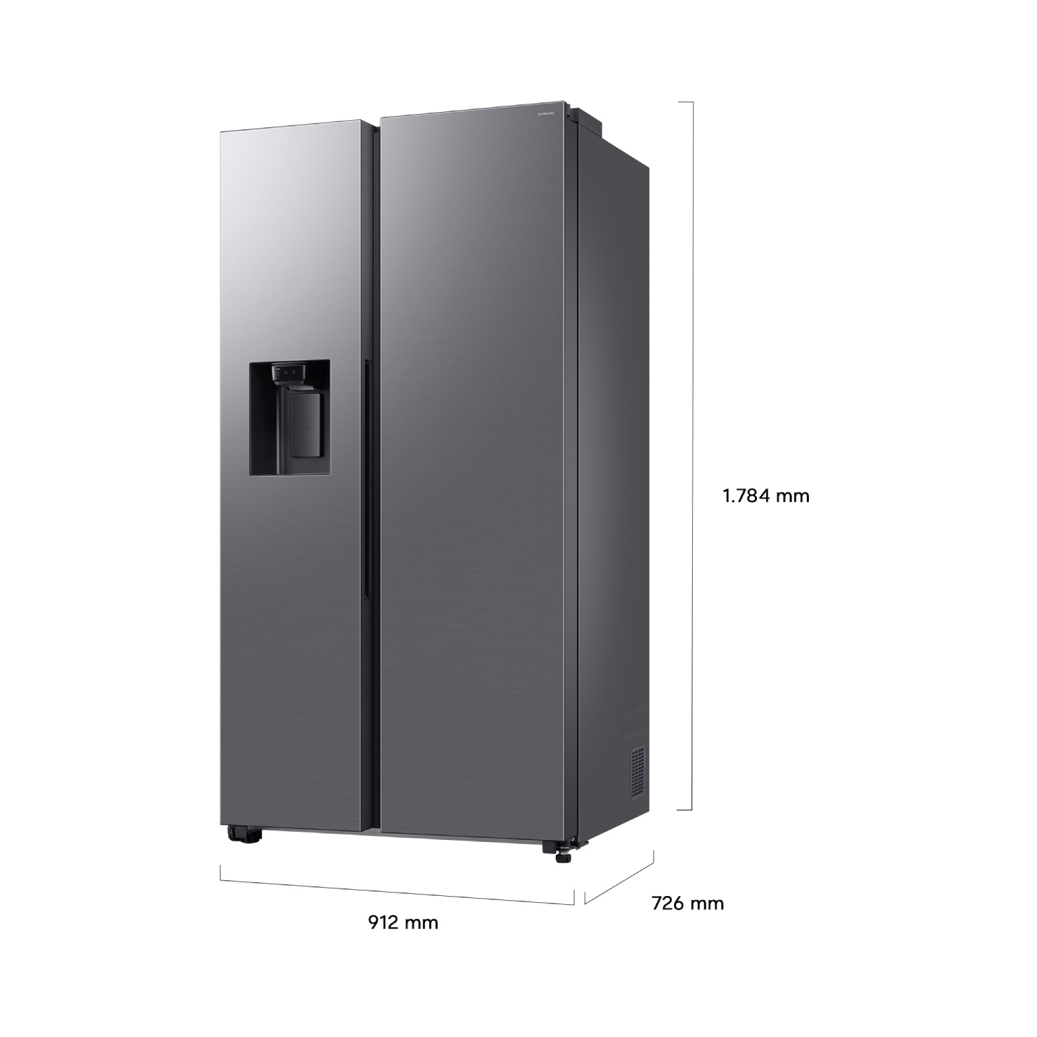 Frigorífico americano Samsung gris con dispensador de agua, incluyendo dimensiones en milímetros.