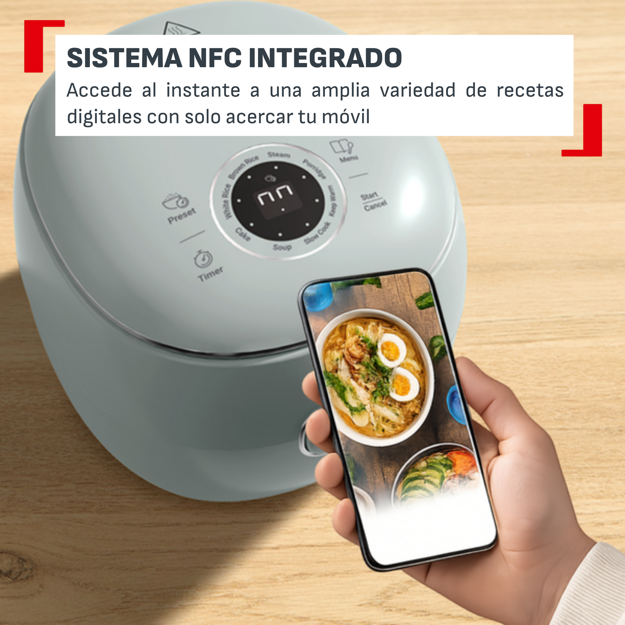 Un móvil muestra recetas mientras se acerca a una olla multicocción azul claro.