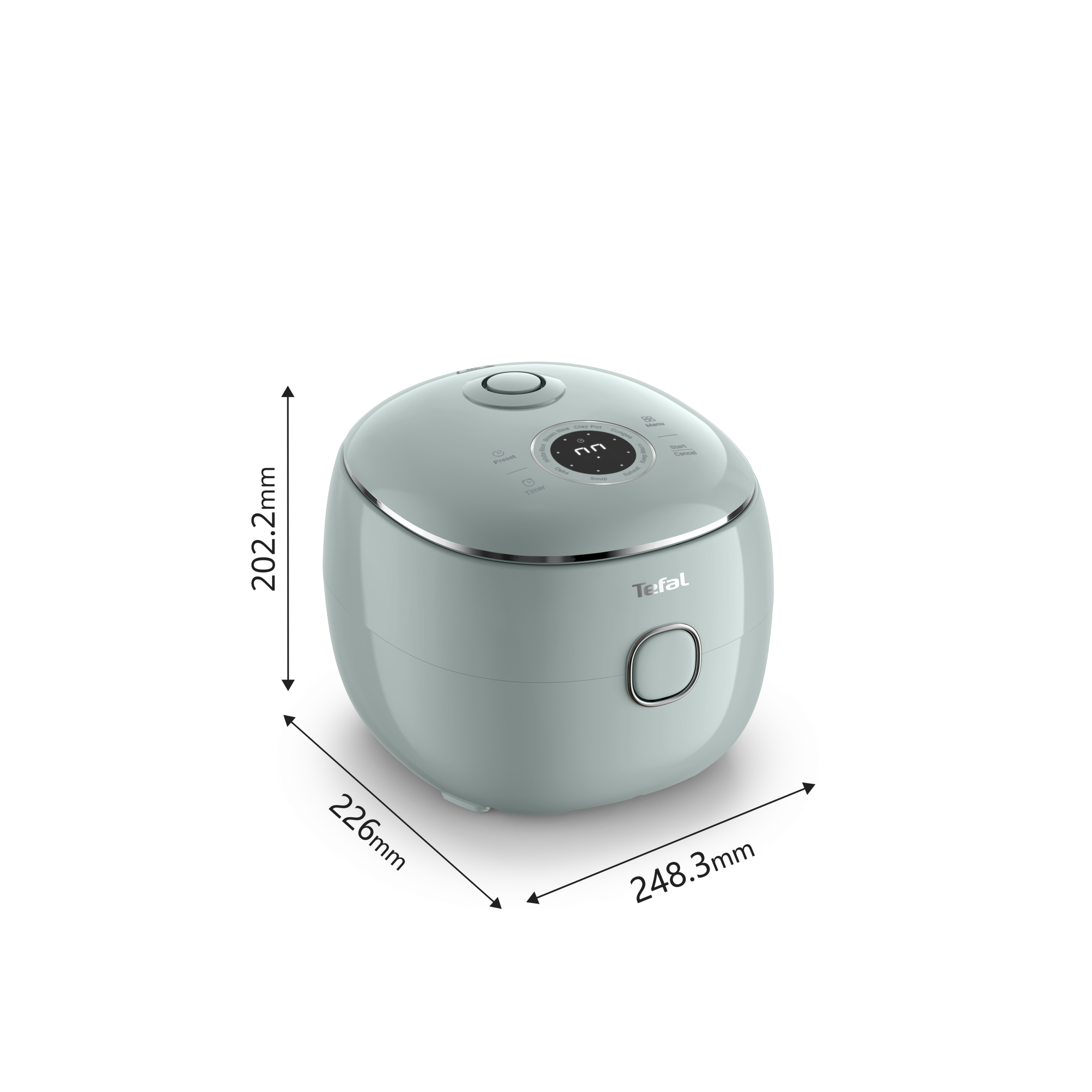 Una arrocera Tefal azul claro sobre fondo negro con medidas.