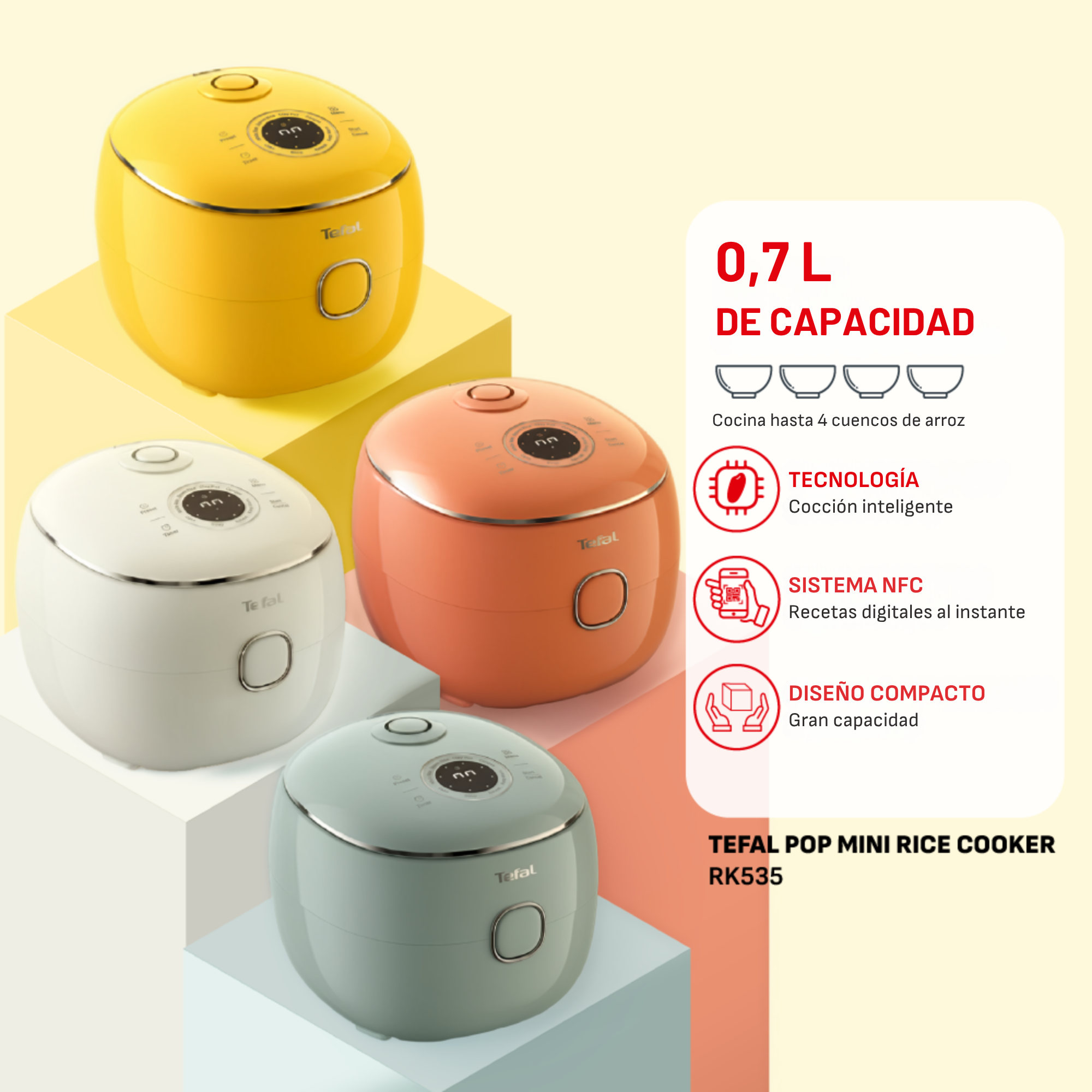 Arrocera - Tefal Multifunción POP, 0.7 L, Hasta 4 raciones,  Tecnología Smart  NFC, Compacta, Bol Antiadherente,  Cesta vaporera, 8 programas, Blanco