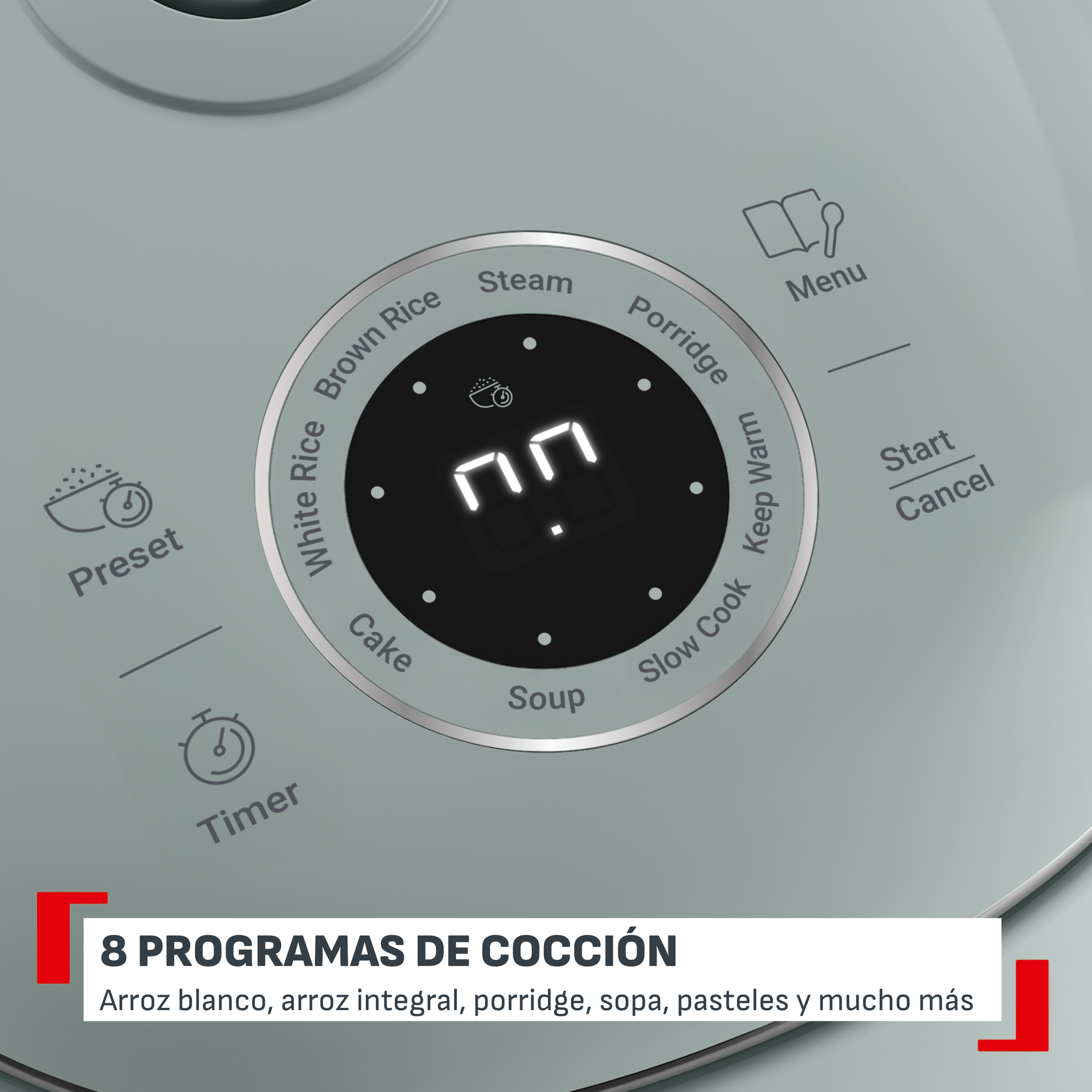 Pantalla digital de una arrocera con opciones de menú como arroz blanco y marrón, vapor y sopa.