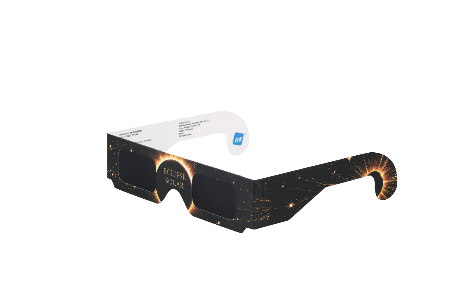 Gafas de cartón para eclipse solar en negro con diseño de eclipse dorado sobre fondo blanco.