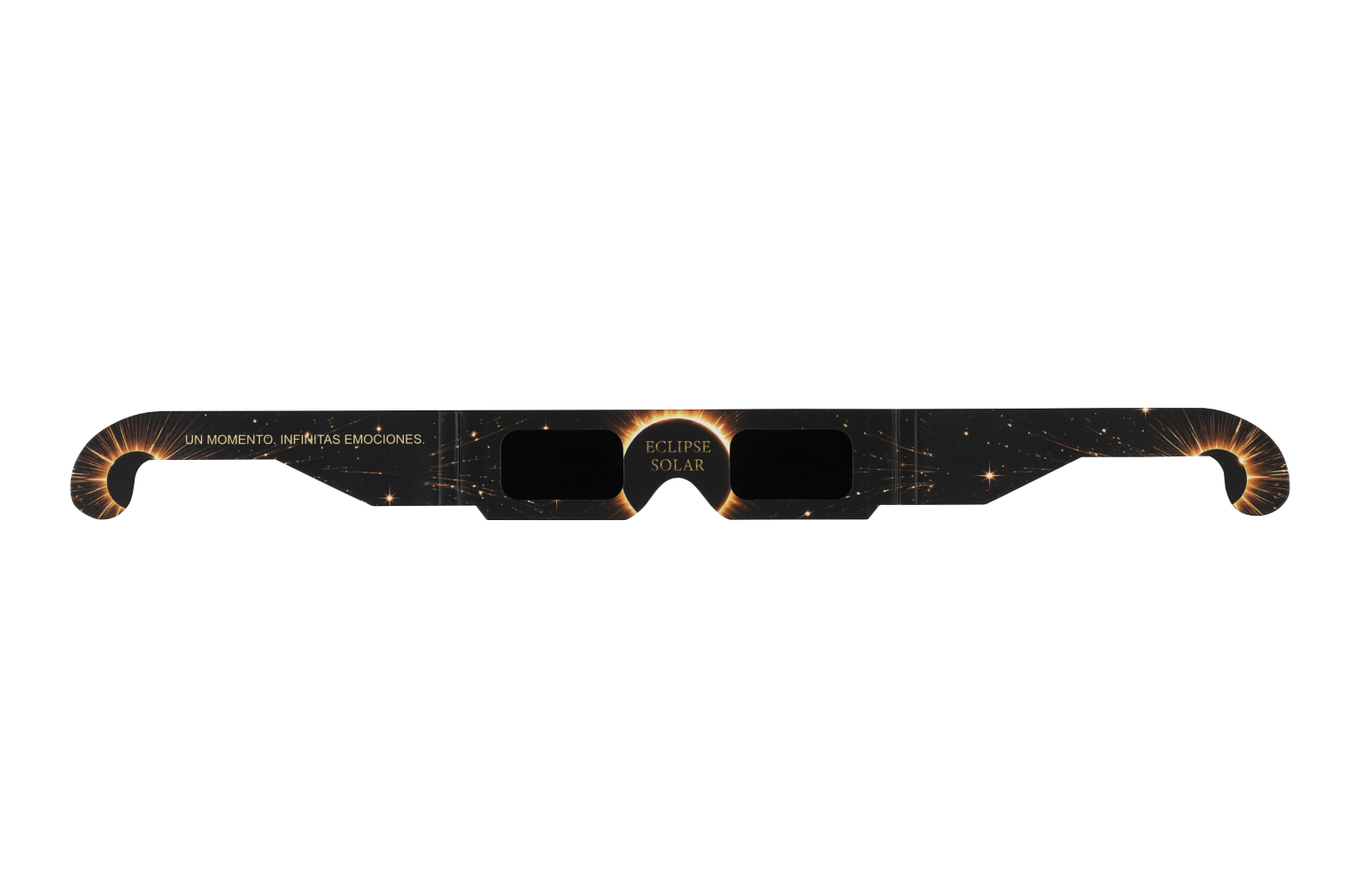 Gafas de eclipse solar negras con estrellas doradas, texto y lentes oscuras sobre fondo blanco.