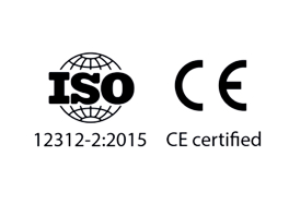 Logotipo de ISO 12312-2:2015 y símbolo de certificación CE sobre fondo blanco.